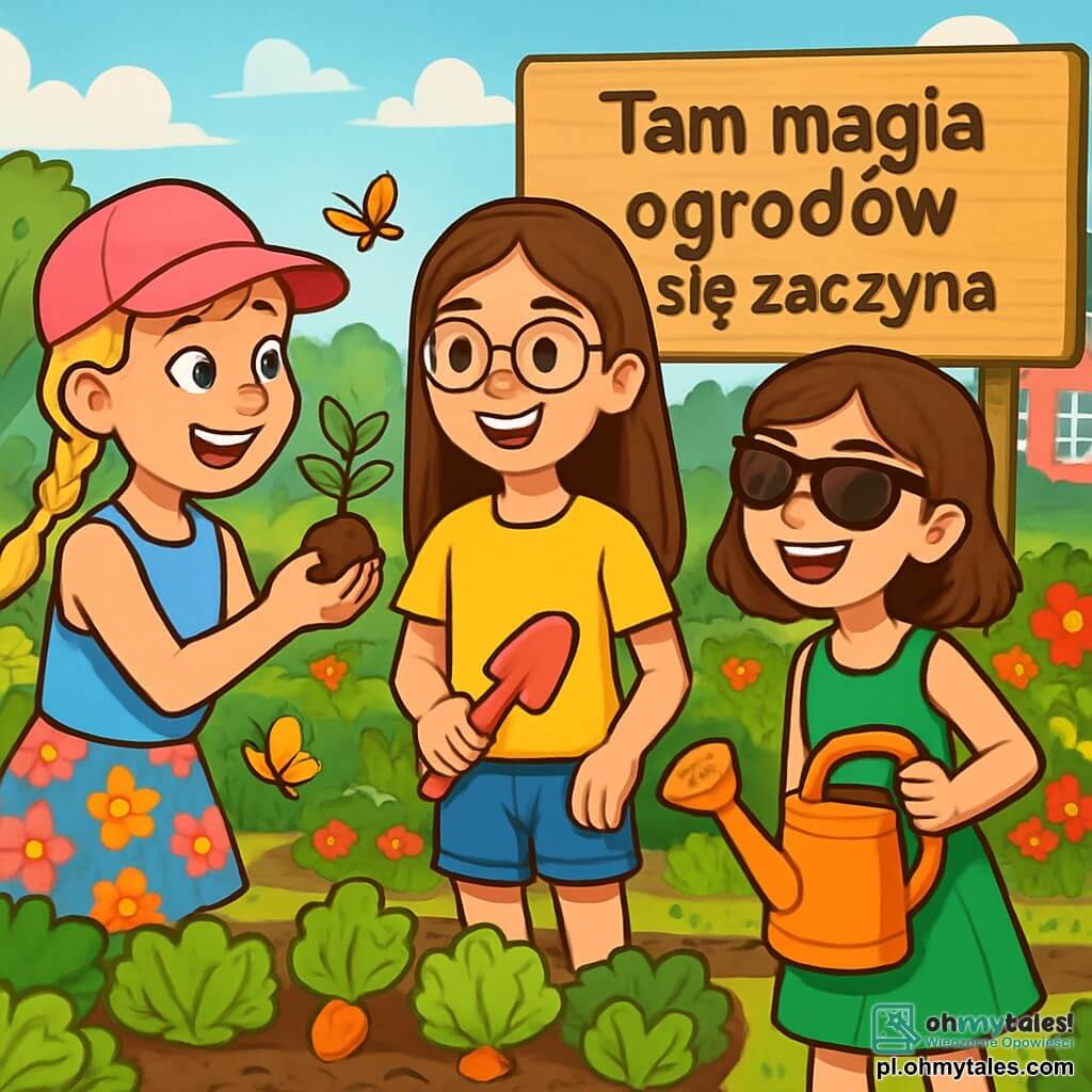 Są trzy postacie: - Zosia: dziewczynka w wieku 10 lat, z długimi brązowymi włosami i okrągłymi okularami. Ma na sobie żółtą koszulkę i dżinsowe szorty, trzyma małą plastikową łopatkę. Stoi na środku, uśmiechnięta, patrząc na swoje przyjaciółki. - Maja: dziewczynka w wieku 9 lat, z blond warkoczem i różową czapką. Jest ubrana w niebieską koszulkę bez rękawów i kwiecistą spódnicę. Znajduje się po lewej stronie Zosi, pokazując małą roślinę, którą właśnie wykopała. - Klara: dziewczynka w wieku 10 lat, z brązowymi włosami i okularami przeciwsłonecznymi. Ma na sobie zieloną sukienkę i sandały. Jest po prawej stronie Zosi, trzymając konewkę i radośnie się uśmiechając. Miejsce akcji odbywa się w tętniącym życiem ogrodzie społecznym, wypełnionym rzędami kolorowych warzyw i jasnych kwiatów. Motyle latają wokół roślin, a duży drewniany znak wskazuje "Gdzie zaczyna się magia ogrodów". W tle widać czerwoną ceglaną bibliotekę i jasnoniebieskie niebo usiane puszystymi białymi chmurami. Główna sytuacja przedstawia trzy dziewczynki w trakcie aktywności, sadzące nasiona i bawiące się razem, otoczone zielenią. Śmieją się i wymieniają pomysłami, tworząc radosny moment przyjaźni i odkrywania w swoim ogrodzie.