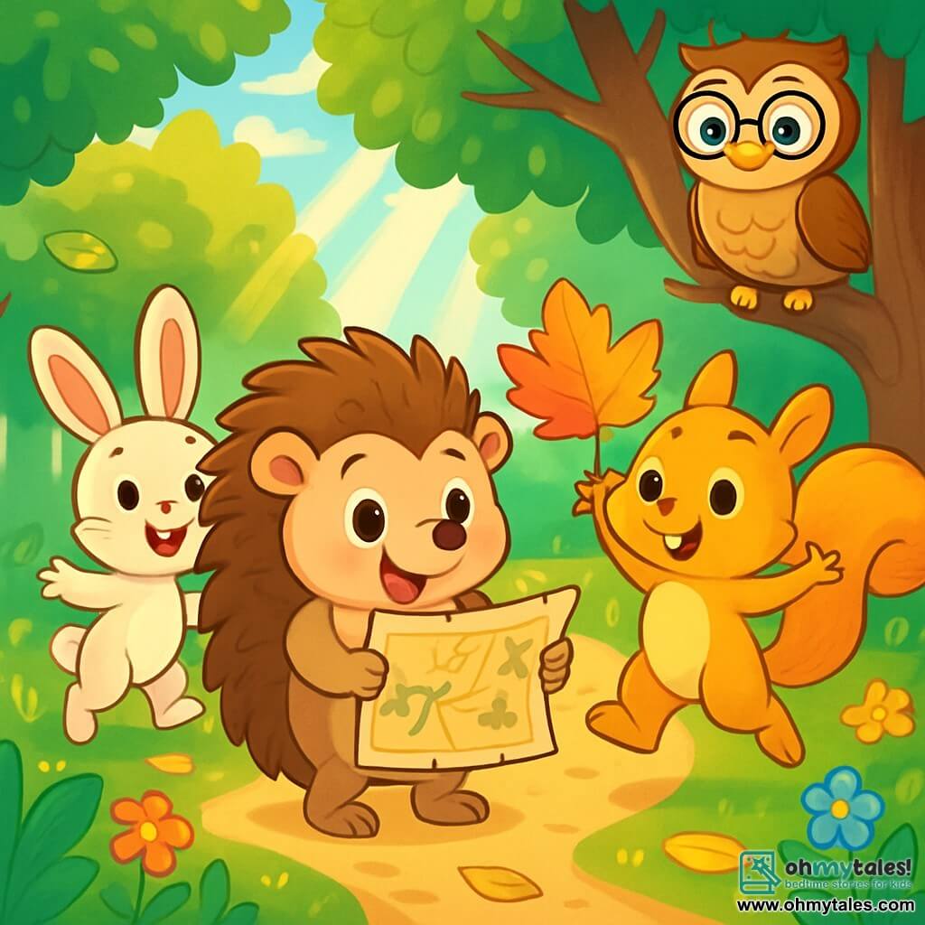 A little hedgehog named Henry, with brown spines and sparkling curious eyes, stands at the center of the image, smiling enthusiastically. Next to him, Lucy, a golden-furred squirrel with bright eyes, joyfully jumps while holding a colorful leaf. Benny, a small rabbit with large white ears, stands a little behind, looking excited and ready to leap. Max, an owl with brown feathers and round glasses, observes the scene wisely from a tree branch. The scene takes place in an enchanted forest, where rays of sunlight filter through green leaves, illuminating a winding path lined with colorful flowers and golden leaves. In the background, a majestic oak tree stands tall, its branches forming a natural shelter. Henry and his friends discover a mysterious map, filled with joy and excitement, ready to embark on an adventure to find a hidden treasure in the forest.