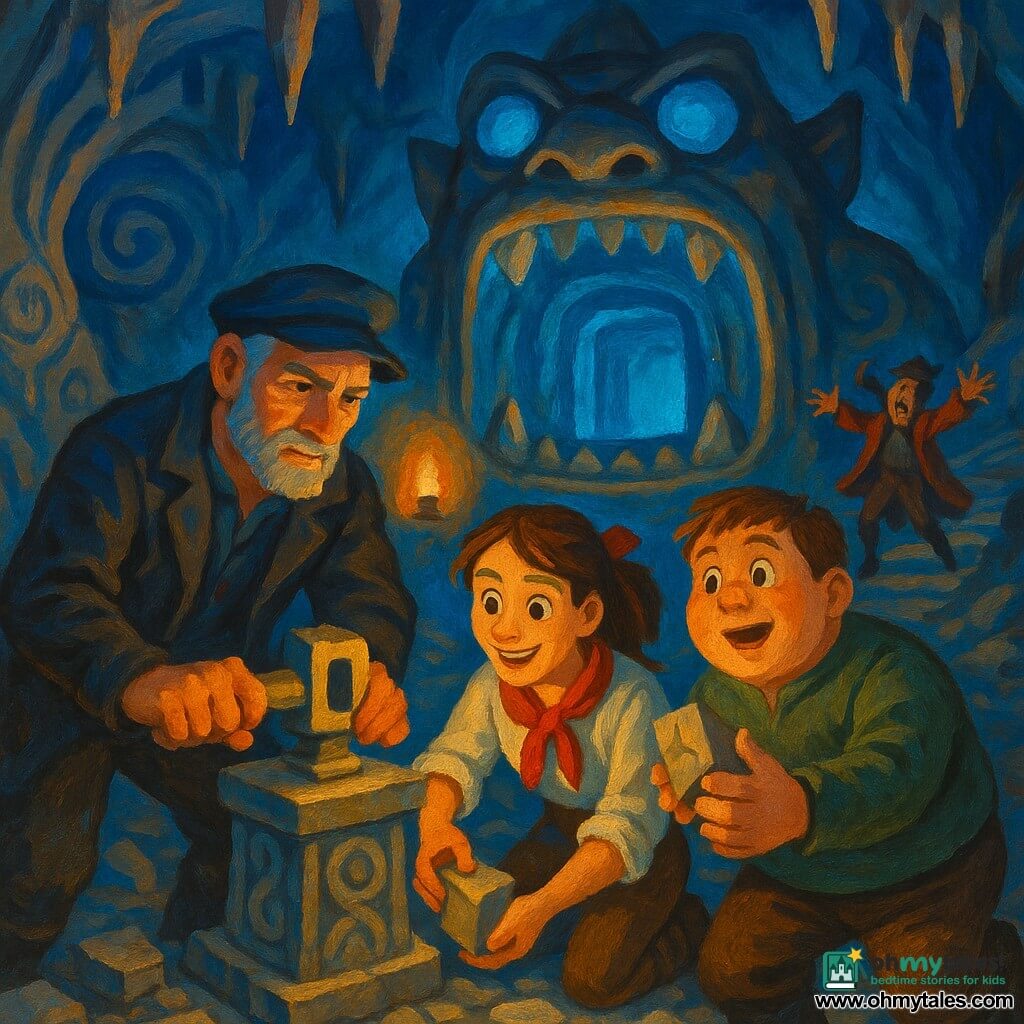 An adult man, Captain Elias, resolute and focused with weathered features and a short salt-and-pepper beard, in a rumpled dark sailor's jacket, gently pushes a large stone key into a carved pedestal; a young woman, navigator Mira (about 20), brown hair tied with a red ribbon and a bright smile, kneels to Elias's left fitting a carved stone fragment into a base; a stocky boy, Buttons (16), with a round, chubby face and astonished eyes, holds a final fragment and reaches toward Mira from the right, enthusiastic and awkward; an antagonist, Captain Vane, in a rumpled red coat with a furious, frustrated expression and a half-fallen hat, stands back on a stone path with raised threatening arms, unable to reach the pedestal; the scene is a large underground cavern with gray spiral-carved stone walls, pointed stalactites, a floor strewn with carved fragments, warm lantern light and a bluish glow from the belly of a central monster statue; the group assembles the last fragments on the pedestal before a giant open-mouthed statue, the key engages, the statue lights up and a secret door opens, the heroes cooperate with smiles and precise gestures while the rival pirate seethes; style: visible-brush acrylic painting, saturated colors (deep blues, warm ochres, brick red), strong contrasts and dramatic lighting from lanterns and the statue's inner glow, child-friendly adventure and mystery atmosphere.
