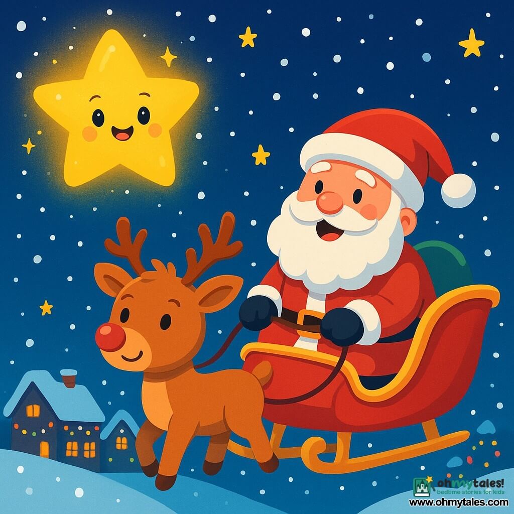 A little sparkling star named Twinkloo, with a smiling face and twinkling eyes, joyfully floats above a Christmas sleigh. Twinkloo shines with a soft golden light, illuminating the snowy night with an expression of pride and happiness. Next to him, Santa Claus, a jovial man with a long white beard and a bright red suit, looks at Twinkloo with admiration and a big smile, holding the reins of his sleigh. Rudolph, the shiny-nosed reindeer, stands in front, his eyes gleaming with excitement, ready to deliver gifts. The scene takes place in a starry sky, filled with gently falling snowflakes, with houses below decorated with colorful lights and sparkling garlands. The main situation shows Twinkloo lighting the way for Santa's sleigh, ready to deliver gifts to children around the world, creating a magical and festive atmosphere.