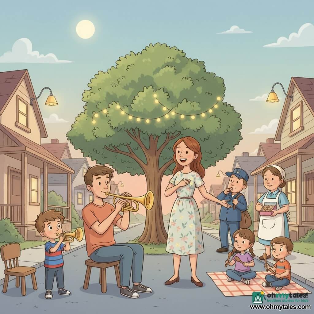 The main character is a young man, Leo (about 25), with a gentle smile and short brown hair, seated on a small wooden stool playing a bright yellow trumpet; a boy (about 6) in a blue-and-red striped t-shirt sits on the curb playing a plastic toy trumpet; Mira (about 30), with long chestnut hair in a light floral dress, stands singing with one hand on her heart; a baker (about 40) in a white apron with flour on her hands holds a box of cookies on her doorstep; a postman (about 35) in a blue uniform listens in the background; two children (about 5) sit on a checkered blanket tapping wooden spoons; it's a quiet residential street at twilight with low houses, hanging yellow lamps, a large tree wrapped in small lights, blankets and small chairs on the sidewalk and a round moon above the roofs; the scene is a warm, intimate neighborhood music circle under the tree with pastel colors, hand-drawn textures and a comforting, peaceful atmosphere.