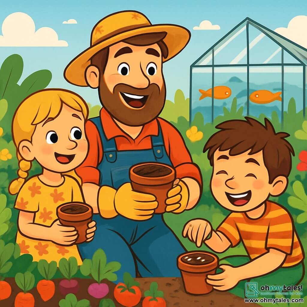 A smiling and warm man, Farmer Joe, with a brown beard and denim work clothes, stands in the middle of a lush garden, holding a small pot of soil in his hands. His eyes shine with excitement and pride as he shows the children how to plant seeds. Next to him, an 8-year-old girl named Lily, with braided blonde hair and a floral dress, looks on in wonder, holding a small pot of soil. A 9-year-old boy named Max, with messy brown hair and a striped t-shirt, crouches near Farmer Joe, putting seeds in his pot, his face covered in dirt and a big smile on his lips. The scene is set in a sunny garden surrounded by rows of colorful vegetables, vibrant flowers, and a clear blue sky dotted with white clouds. In the background, there is a large glass greenhouse where fish swim, symbolizing aquaponics. The main situation shows Farmer Joe teaching the children how to plant seeds, surrounded by greenery, with expressions of joy and curiosity on their faces, illustrating the harmony between man and nature.