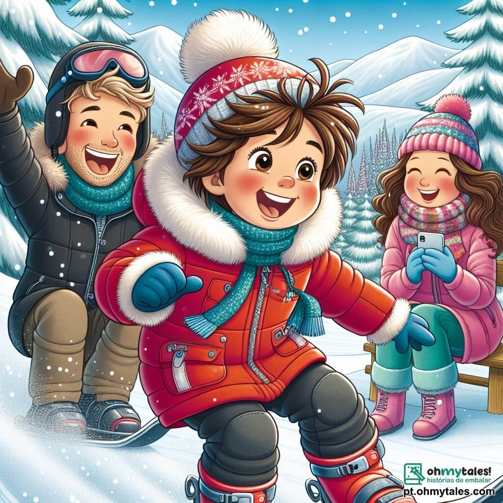 Um menino de 8 anos, Miguel, com cabelos castanhos bagunçados e um grande sorriso no rosto, está deslizando na neve, vestido com um casaco vermelho vivo, luvas azuis e um gorro com pompom. Ele parece alegre e animado, com os braços abertos para manter o equilíbrio. Ao seu lado, seu pai, um homem de cerca de 35 anos com uma barba leve e um sorriso caloroso, o incentiva levantando os braços, vestido com um casaco preto e um gorro de lã. Sua mãe, uma mulher de cerca de 33 anos com cabelos longos e cacheados, está sentada em um banco de madeira, rindo e tirando fotos com seu celular, usando um casaco rosa e um cachecol colorido. O cenário é uma estação de esqui mágica, com montanhas cobertas de neve ao fundo, pinheiros cobertos de neve brilhante e um céu azul claro. Flocos de neve caem suavemente, adicionando um toque encantador à cena. A situação principal mostra Miguel aprendendo a esquiar pela primeira vez, caindo alegremente na neve, cercado de risos e incentivos de sua família, criando um momento de felicidade e cumplicidade no inverno.