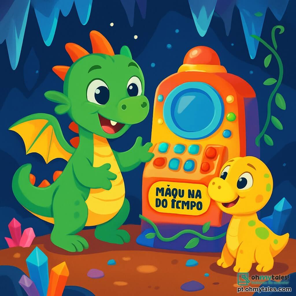 Um pequeno dragão chamado Tico, com escamas verdes brilhantes e olhos cheios de curiosidade, está diante de uma máquina do tempo colorida, cheia de botões luminosos. Ele sorri amplamente, demonstrando sua empolgação. Ao lado dele, um bebê dinossauro, com pele amarela e manchas verdes, olha para Tico com olhos redondos e amigáveis, pronto para brincar. A cena ocorre em uma caverna misteriosa, onde estalactites brilham no teto e cristais coloridos iluminam as paredes escuras. A máquina do tempo, com suas luzes piscantes, se ergue no centro, cercada por cipós e pequenas pedras brilhantes. Tico e o dinossauro riem e se divertem, prontos para se aventurar juntos no passado.