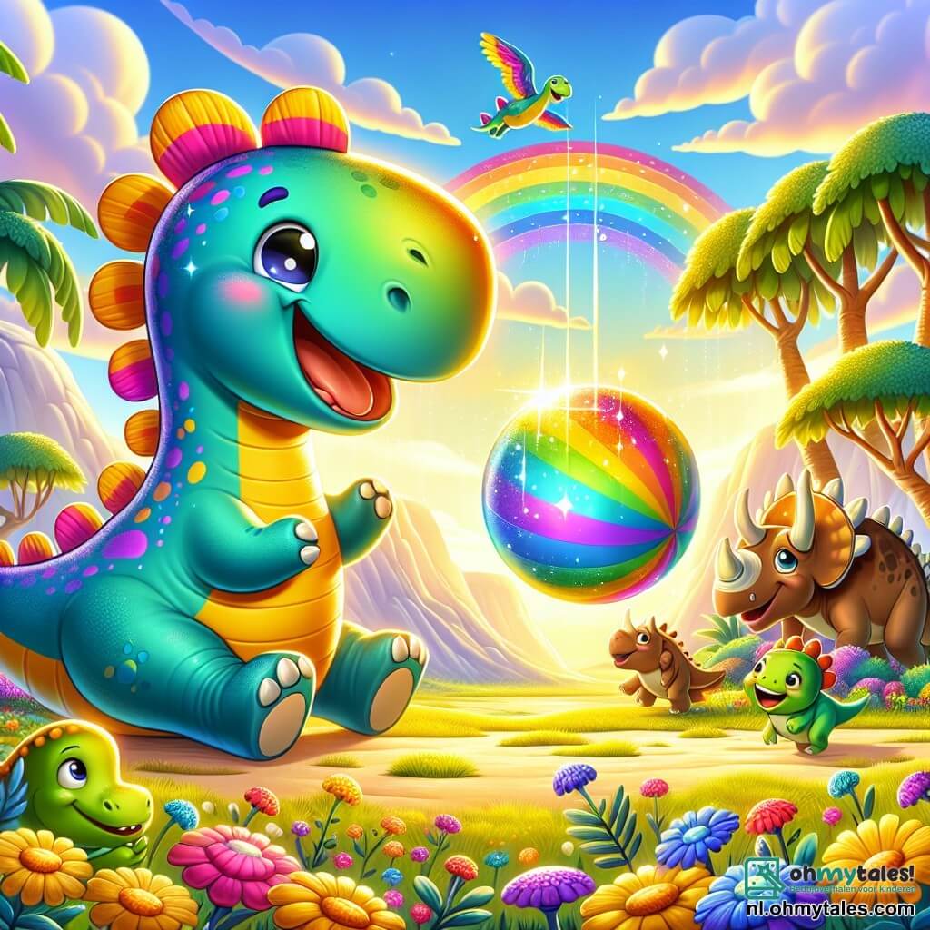 Dippy, de diplodocus, is een grote dinosaurus met een lange nek en een huid in regenboogkleuren, met een enorme glimlach van vreugde. Hij staat in het midden van de afbeelding, omringd door kleurrijke bloemen en grote groene bomen, terwijl hij speelt met een grote glanzende bal die net uit de lucht is gevallen. Naast hem is Trixie, de kleine triceratops, een schattige dinosaurus met drie hoorns op haar hoofd en een groene huid. Ze springt van blijdschap met haar voorpoten omhoog, terwijl ze Dippy bewonderend aankijkt. Iets verderop staat Rex, de tyrannosaurus, een imposante dinosaurus met een bruine huid en scherpe tanden, die glimlacht en applaudisseert, zijn enthousiasme voor het spel toonde. De achtergrond is een prachtig prehistorisch eiland, verlicht door gouden licht, met bergen op de achtergrond en een blauwe lucht bezaaid met donzige witte wolken. De kleurrijke bloemen en grote bomen creëren een vrolijke en magische sfeer. De hoofdscène toont Dippy die zijn nieuwe kleurrijke uiterlijk ontdekt nadat hij de magische bal heeft aangeraakt, terwijl zijn vrienden hem aanmoedigen en plezier hebben, wat de lucht vulde met gelach en geluk.