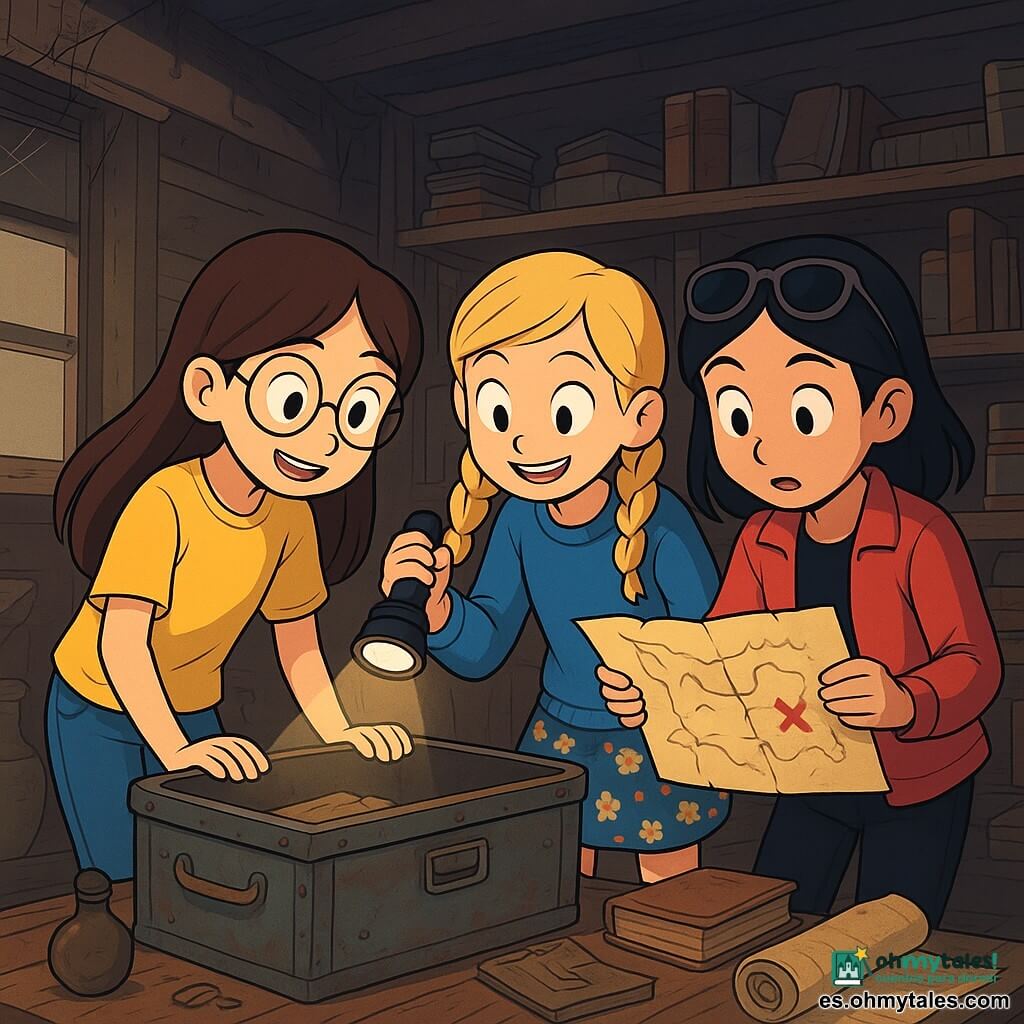 Hay 3 personajes: - Lucía: una niña de 12 años, con largos cabellos castaños y gafas redondas. Lleva una camiseta amarilla y unos jeans. Está inclinada sobre una vieja caja de metal, con los ojos brillantes de curiosidad. - Emma: una niña de 12 años, con trenzas rubias y una sonrisa traviesa. Lleva un suéter azul y una falda de flores. Está al lado de Lucía, sosteniendo una linterna que ilumina el contenido de la caja. - Valentina: una niña de 12 años, con cabello negro y gafas de sol en la cabeza. Lleva una chaqueta roja y pantalones negros. Está un poco apartada, examinando un viejo mapa enrollado que encontró en la caja. El lugar donde ocurre la situación principal es un viejo desorden de desalojo, con paredes de madera oscura, telarañas en las esquinas y estanterías llenas de libros antiguos y recuerdos polvorientos. La luz tenue de una ventana deja entrever sombras misteriosas, mientras un aroma a papel viejo flota en el aire. La situación principal de la historia muestra a las tres amigas descubriendo un antiguo tesoro escondido, con los ojos muy abiertos de sorpresa y emoción. Se inclinan sobre un mapa misterioso, rodeadas de viejos objetos, listas para embarcarse en una aventura inolvidable.