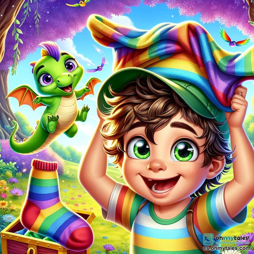 Un niño de 6 años, Lucas, con cabello castaño despeinado y grandes ojos brillantes de curiosidad, se encuentra en el centro de la imagen. Lleva una gorra de explorador verde y una camiseta de rayas coloridas, con una gran sonrisa en su rostro, mientras se divierte poniéndose un calcetín multicolor en la cabeza. A su lado, un dragón amistoso llamado Ravi, que parece un pequeño dragón verde con escamas brillantes y alas translúcidas, ríe flotando ligeramente sobre el suelo, añadiendo un toque de magia a la escena. El escenario es un claro encantado del Bosque de los Sueños, donde los árboles son de un violeta brillante y las flores bailan al ritmo de una suave brisa, creando una atmósfera alegre y colorida. Al fondo, un gran cofre dorado, entreabierto, deja entrever calcetines de todos los colores, mientras que pájaros de plumas arcoíris vuelan a su alrededor, sumando a la magia del lugar. La situación principal muestra a Lucas y Ravi riendo juntos, rodeados de galletas gigantes que flotan en el aire, ilustrando un momento de descubrimiento y alegría, donde la aventura toma un giro inesperado y divertido.