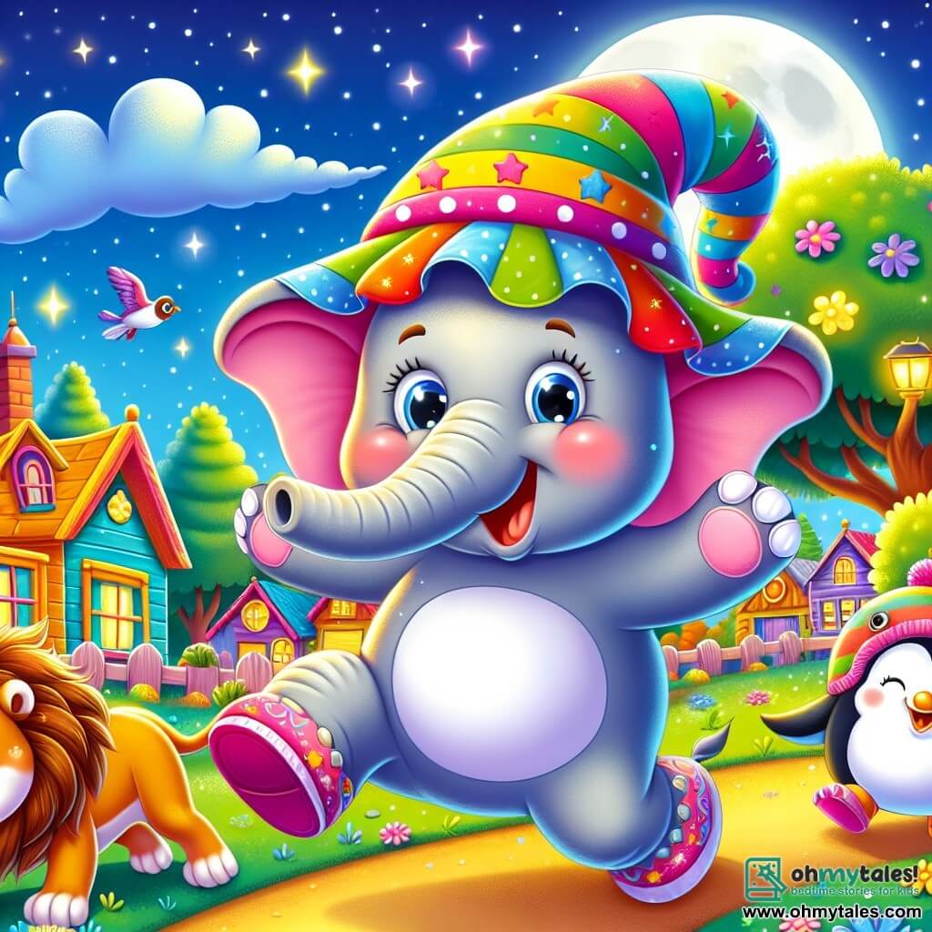 A cheerful elephant with large pink ears and a bright smile, wearing a big colorful hat that falls over its eyes, stands in the center of the image, flopping on its legs while playing. Next to it, a golden-haired lion with an amused expression jumps joyfully, its paws raised. Further away, a small penguin in pink boots slides on the ground, laughing heartily. In the background, a colorful animal village with bright wooden houses, vibrant green trees, and a sparkling starry sky. The scene shows the elephant and its friends playing a fun game, laughing and enjoying together under the moonlight.