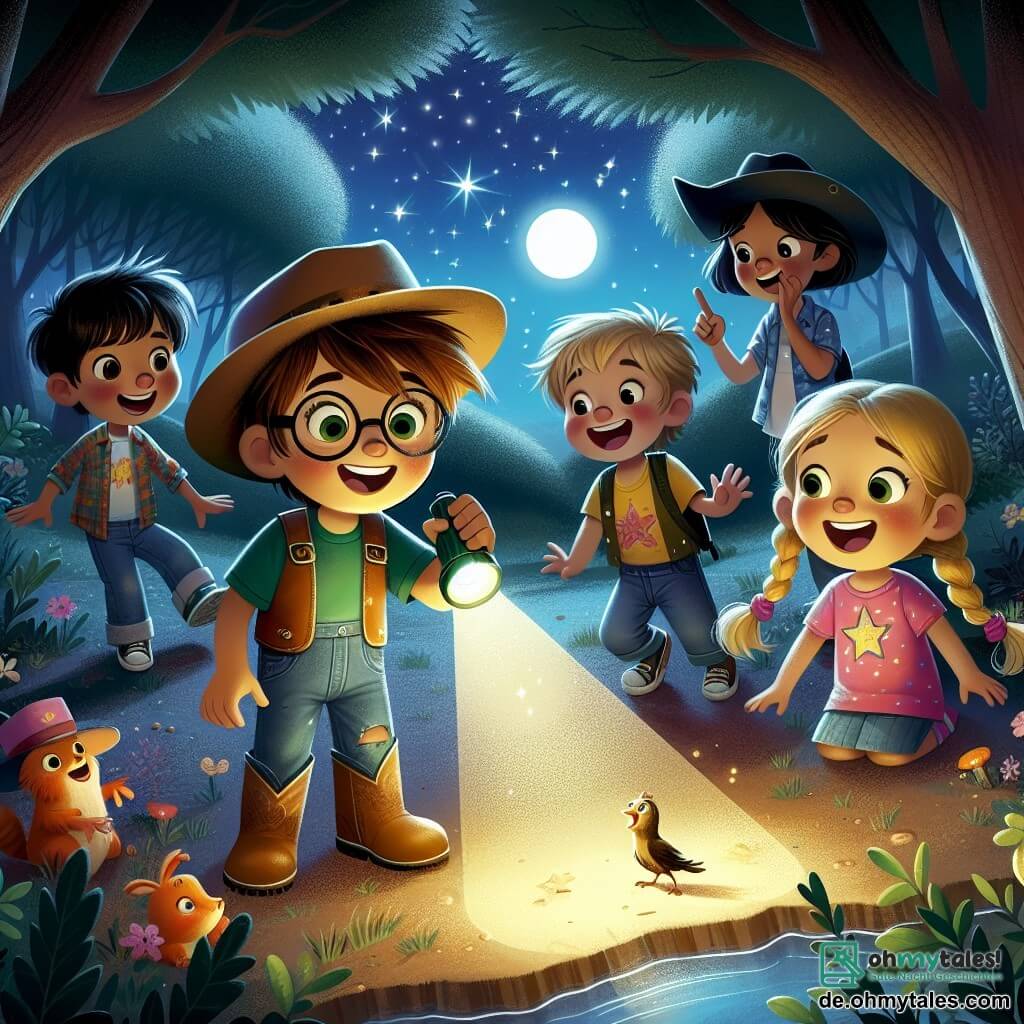Im Mittelpunkt des Bildes steht Emil, ein 10-jähriger Junge mit zerzausten braunen Haaren und einer Brille, der eine kleine Taschenlampe hält, die sein neugieriges Gesicht beleuchtet. Rechts von ihm zeigt Mia, ein 9-jähriges Mädchen mit geflochtenen blonden Haaren und einem strahlenden Lächeln, auf einen hellen Stern am Nachthimmel. Links macht Max, ein 10-jähriger Junge mit schwarzen Haaren und einem bunten T-Shirt, eine lustige Grimasse, um die Stimmung aufzulockern. Im Hintergrund haben Lisa und Tom, ein 9-jähriges Mädchen mit braunen Haaren und ein 10-jähriger Junge mit einem Cowboyhut, Spaß daran, Tiergeräusche der Nacht nachzuahmen. Der Ort ist ein kleiner dunkler Wald, beleuchtet vom sanften Licht des Mondes, das durch die Bäume filtert. Die Schatten tanzen auf dem Boden und die Sterne funkeln am klaren Himmel, was eine sowohl geheimnisvolle als auch magische Atmosphäre schafft. Die Hauptsituation zeigt die Kinder, die sich um einen großen Baum versammeln und aufmerksam den Geräuschen der Nacht lauschen, während sie gemeinsam entdecken, dass die Nacht voller Wunder und Abenteuer sein kann, anstatt Angst vor der Dunkelheit zu haben.