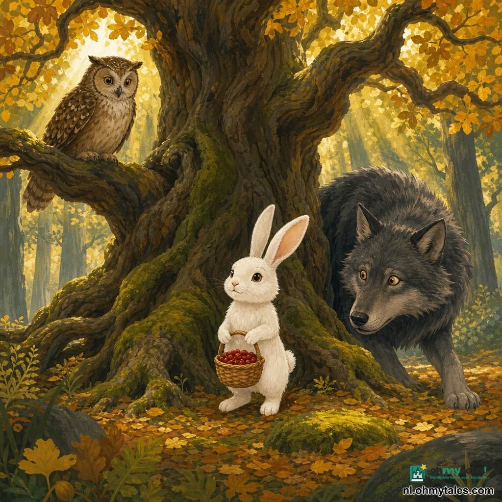 Pim is een klein wit konijntje met lange zijdezachte oren, glanzende ogen en een dappere rustige uitdrukking, staand op de voorgrond met een mandje rode bessen; de grote boze wolf is een grote donkergrauwe hondachtige met ruige vacht en amberkleurige ogen, voorzichtig verrast en licht gehurkt rechts achter Pim; de wijze oude uil zit op een lage tak van een eik links boven, beige‑bruine veren en geduldig kijkend; het decor is een oud bos met okerkleurig bladbedsel en groen mos, gouden zonnestralen tussen knoestige stammen en een kromme wortel rond een imposante eik; de scène toont Pim die de wolf naar de oude eik leidt in een kalm, lichtvol moment waarin angst plaatsmaakt voor nieuwsgierigheid, met een warme, veilige sfeer en zachte kleuren met uitgesproken contrasten.