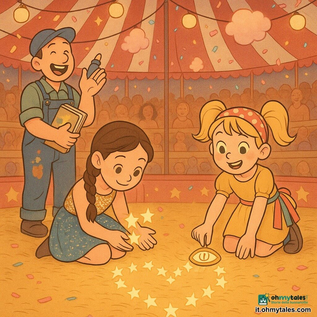 Ci sono tre personaggi: Caterina, circa 9 anni, capelli castani in treccia, vestito scintillante con paillettes dorate e blu, accovacciata al centro del circo con piccole stelle luminose nelle mani; Sofia, circa 9 anni, capelli biondi in codini, cintura di nastri colorati e fascia a pois, a destra di Caterina mentre posa un'amuletta-luce a forma di occhio sul pavimento; Marco, uomo di circa 35 anni, con salopette blu macchiata d'inchiostro, berretto e una scatola di manifesti sotto il braccio, sullo sfondo a sinistra che applaude tenendo un pennarello fluorescente. Ambientazione: pista circolare sotto una grande tenda a righe rosse e bianche, gradinate in legno con pubblico sfocato, lanterne sospese, confetti e nuvole di zucchero filato, paglia leggermente brillante a terra e manifesti colorati sui pali. Situazione: le due ragazze dispongono insieme le stelle luminose al centro formando un grande cuore scintillante mentre Marco applaude; luce soffusa dai toni caldi (oro, rosso, rosa), espressioni gioiose, atmosfera festosa e tenera, stile fumetto con contorni morbidi e colori pastello.