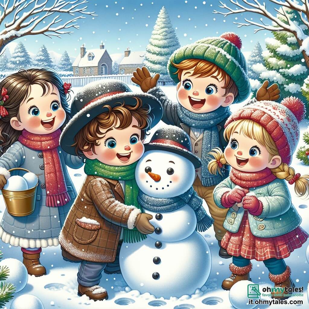 In un giardino innevato, cinque bambini giocano allegramente. Luca, un ragazzo di quattro anni con capelli ricci e un grande sorriso, rotola una palla di neve per costruire un pupazzo di neve. Sara, una bambina di cinque anni con due lunghe trecce, è alla sua destra, alzando le braccia in aria con entusiasmo, pronta ad aggiungere una carota per il naso del pupazzo. Marco, un ragazzo di quattro anni con occhiali e un berretto rosso, è a sinistra di Luca, ridendo mentre mostra le sue piccole impronte di neve nel giardino. Emma, una bambina di cinque anni con guance rosa e un cappotto blu, è dietro Luca, tenendo un secchio pieno di neve per fare delle palle. Tom, un ragazzo di quattro anni con una sciarpa verde, è un po' in disparte, mentre fa una battaglia di palle di neve con un grande sorriso. La scena rappresenta i bambini intenti a costruire un pupazzo di neve, ridendo e divertendosi insieme, catturando lo spirito gioioso e ludico dell'inverno.