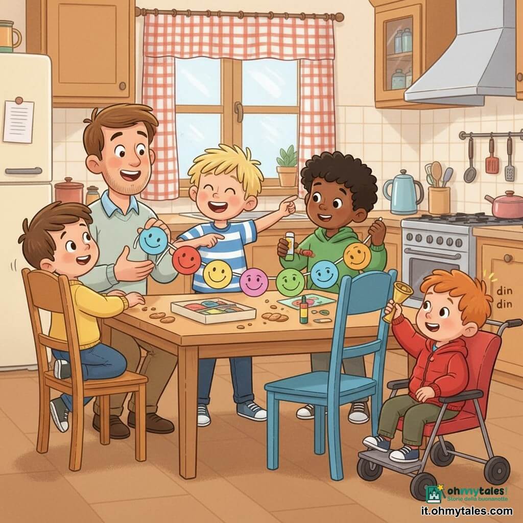 Ci sono 5 personaggi: 4 bambini—Leo, circa 4 anni, capelli castani corti, maglione giallo, tiene la ghirlanda di sorrisi a sinistra e guarda il papà sorridendo; Nico, circa 4 anni, capelli biondi spettinati, maglietta a righe blu e bianco, al centro-sinistra, ride e indica un sorriso di carta; Sami, circa 4 anni, capelli neri ricci, felpa verde, al centro-destra, sta incollando un sorriso sulla ghirlanda; Tommi, circa 4 anni, capelli rossi, giacca rossa, seduto in una piccola carrozzina/sedia a rotelle rossa a destra, tiene l'estremità della ghirlanda e il suo campanello fa "din din". C'è 1 papà: uomo di circa 35 anni, barba corta e capelli castani, camicia chiara, di fronte ai bambini leggermente accovacciato, occhi lucidi e mani aperte per ricevere la ghirlanda. Luogo: una cucina calda e luminosa con tavolo in legno chiaro, sedia dipinta di blu, finestra con tenda a quadretti, briciole di biscotti sul tavolo e una scatola di materiale creativo con carta colorata, forbici e colla. Situazione principale: i quattro bambini tendono una ghirlanda di cerchi di carta colorata con visi sorridenti, sospesa tra due sedie, e il papà alza le mani emozionato sorridendo; luce morbida, colori vivaci, atmosfera tenera e gioiosa.