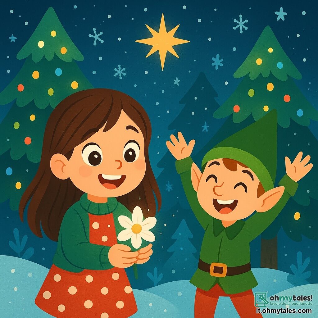 Una bambina di 6 anni, di nome Sofia, con lunghi capelli castani e occhi scintillanti di gioia, sorride meravigliata mentre tiene in mano un piccolo fiore bianco e brillante. Indossa un vestito rosso a pois bianchi e un maglione verde, e si trova al centro della scena, circondata da magia. Accanto a lei, un elfo gioioso di nome Elfogetto, di circa 100 anni ma con l'aspetto di un giovane ragazzo, indossa un cappello verde a punta e ha un sorriso radioso. Alza le braccia in aria, come se stesse celebrando la loro scoperta. L'ambiente è una foresta incantata, piena di alberi di Natale scintillanti, fiocchi di neve che cadono dolcemente e luci colorate che brillano nella notte stellata. La scena è illuminata da una stella brillante che guida il loro cammino, aggiungendo un tocco di magia all'atmosfera. Sofia ed Elfogetto stanno celebrando la scoperta del Fiore di Natale, circondati dal bagliore delle luci e dalla bellezza della natura, pronti a portare la magia del Natale al Villaggio di Babbo Natale.
