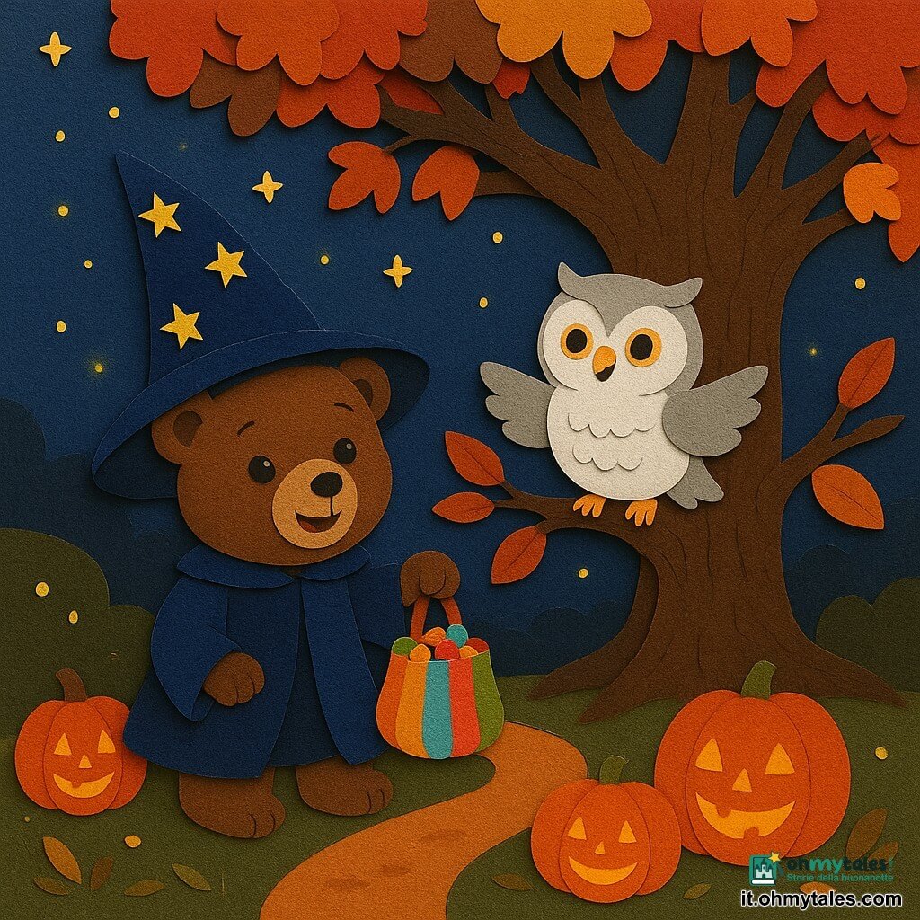 Un piccolo orso bruno (stile peluche realistico, occhi rotondi neri, musetto chiaro) sorridente e meravigliato, con un costume da mago blu notte e un grande cappello a punta decorato di stelle dorate, tiene un sacchetto colorato di caramelle di carta e siede sotto una grande quercia; un gufo ovale bianco e grigio, occhi grandi e brillanti, gioioso, è appollaiato su un ramo basso a destra dell'orso sbattendo leggermente le ali; zucche intagliate in carta arancione acceso con facce gentili, allineate lungo un sentiero sinuoso in primo piano e illuminate dall'interno da piccole fiamme gialle; la quercia centrale è massiccia, corteccia testurizzata marrone scuro, rami larghi coperti di foglie rosse, arancioni e gialle, con un piccolo sacchetto di caramelle appeso a un ramo basso; scena notturna di Halloween con cielo indaco punteggiato di stelle stilizzate, piccole lucciole gialle che fluttuano, atmosfera calda e giocosa, luci calde a contrasto con ombre morbide; azione principale: l'orso scopre il sacchetto di caramelle sotto l'albero mentre il gufo arriva per congratularsi, espressione di sorpresa felice e complicità amichevole.