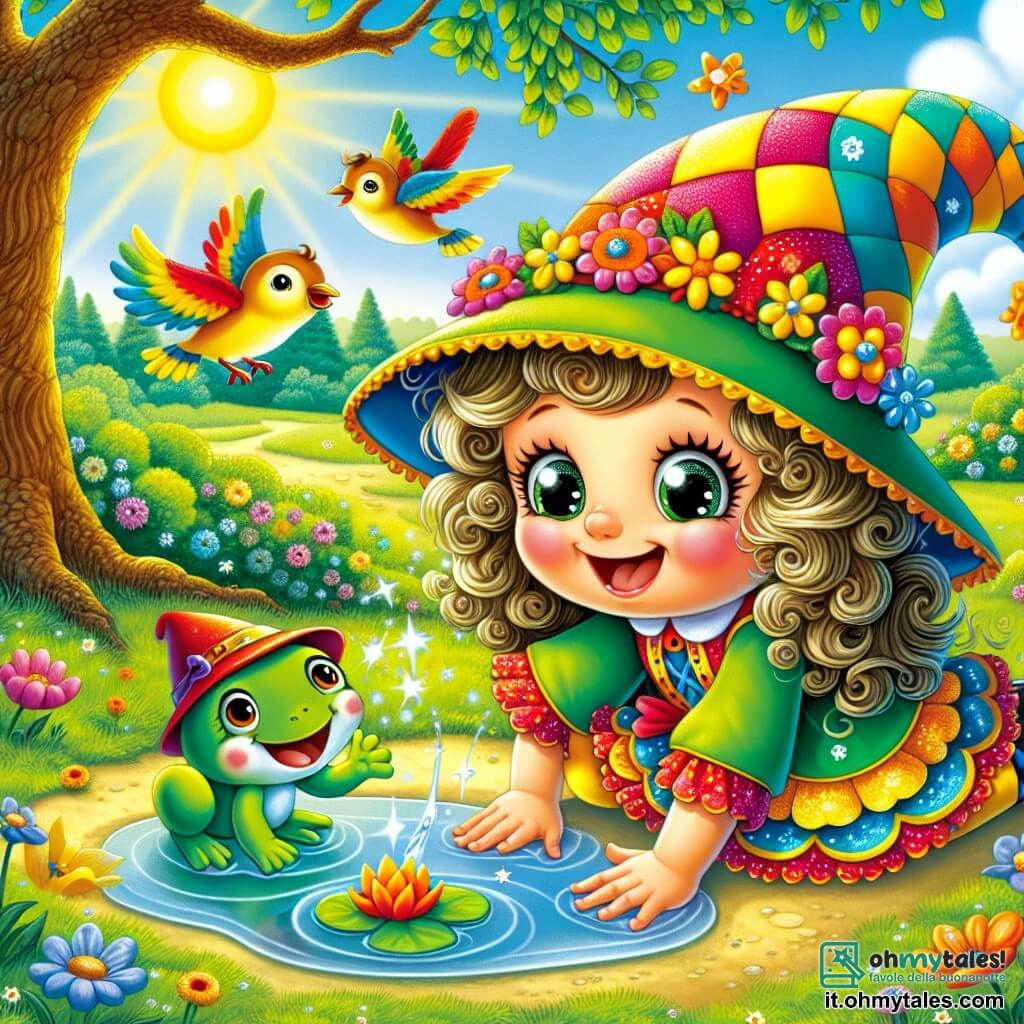 Una bambina di 4 anni, di nome Tina, con grandi occhi scintillanti e capelli ricci, indossa un cappello magico colorato e un sorriso radioso di gioia. È accovacciata vicino a una pozzanghera, mentre parla a una piccola rana verde che la guarda con curiosità. Accanto a lei, un uccello colorato, con piume rosse e gialle, vola allegramente nel cielo blu, cantando una melodia coinvolgente. Più lontano, un grande albero con foglie verdi e dorate si erge maestoso, con rami che si estendono come braccia accoglienti. La scena si svolge in un giardino incantato, pieno di fiori vivaci e farfalle svolazzanti. Il sole splende, creando ombre danzanti sul terreno, e una leggera brezza muove le foglie. Tina, con il suo cappello magico, cerca un tesoro nascosto nel giardino, ridendo e giocando con la rana, che sembra divertirsi alle sue domande.