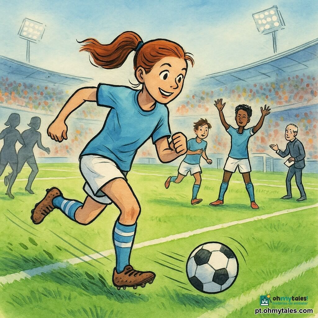 Lila, mulher sorridente e concentrada, cabelo em rabo de cavalo, correndo pela direita com o pé direito pronto para chutar; Joana (≈16), curta, entusiasmada, correndo à frente para receber o cruzamento; Marta (capitã, ≈25), determinada, braços erguidos na área; Rui (treinador, ≈50) na lateral com caderno, observando; grande estádio com relvado verde, linhas brancas, bancadas coloridas desfocadas e céu azul; Lila dribla duas defensoras representadas como sombras, abre um corredor de luz para a área, bola em movimento com traços de velocidade e relva levantada, ambiente de jogo coletivo e energia.