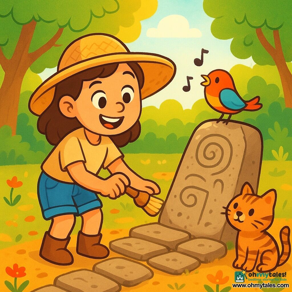 A female archaeologist named Lily stands on an ancient stone path, with a delighted smile on her face. She wears a wide-brimmed straw hat, a beige blouse, and denim shorts, holding a small brush in her hand. Beside her, her cat Whiskers, a small tabby, curiously observes the stones. A colorful little bird named Chirp perches on a stone, singing joyfully. The setting is a sunny clearing surrounded by green, leafy trees, with sunlight filtering through the branches. The ground is covered in golden leaves and small wildflowers. Lily is discovering mysterious markings on the ancient stones, her face expressing joy and curiosity. Whiskers approaches the stones while Chirp flies around them, adding a touch of magic to this archaeological adventure.
