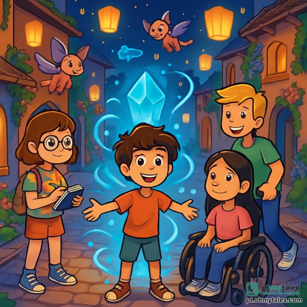 Há 4 crianças: - Miguel: um garoto de 11 anos com cabelos castanhos bagunçados e olhos brilhantes de curiosidade, está no centro, com os braços abertos, pronto para explorar o mundo mágico ao seu redor. - Clara: uma menina de 10 anos, usando óculos redondos e uma camiseta colorida, está um pouco atrás, segurando um caderno e uma caneta, observando atentamente os detalhes ao seu redor. - Lucas: um garoto de 12 anos, sorridente, com cabelos loiros e uma atitude amigável, empurra a cadeira de rodas de Sofia, que está à sua direita. - Sofia: uma menina de 11 anos, com cabelos longos e negros, com um olhar calmo e determinado, está sentada em sua cadeira de rodas, com as mãos sobre os joelhos, admirando a paisagem mágica. O cenário é um bairro encantado, cheio de lanternas flutuantes que iluminam ruas de pedra, com casas decoradas com flores coloridas e paredes cobertas de hera, criando uma atmosfera de conto de fadas. No centro, um grande cristal azul brilha, cercado por uma energia luminosa e vibrante, enquanto criaturas fantásticas voam ao redor. A situação principal mostra as crianças descobrindo o coração da névoa, prontas para restaurar o equilíbrio entre seu mundo e o mundo mágico, cercadas de magia, aventuras e mistérios, com expressões de determinação e admiração em seus rostos.