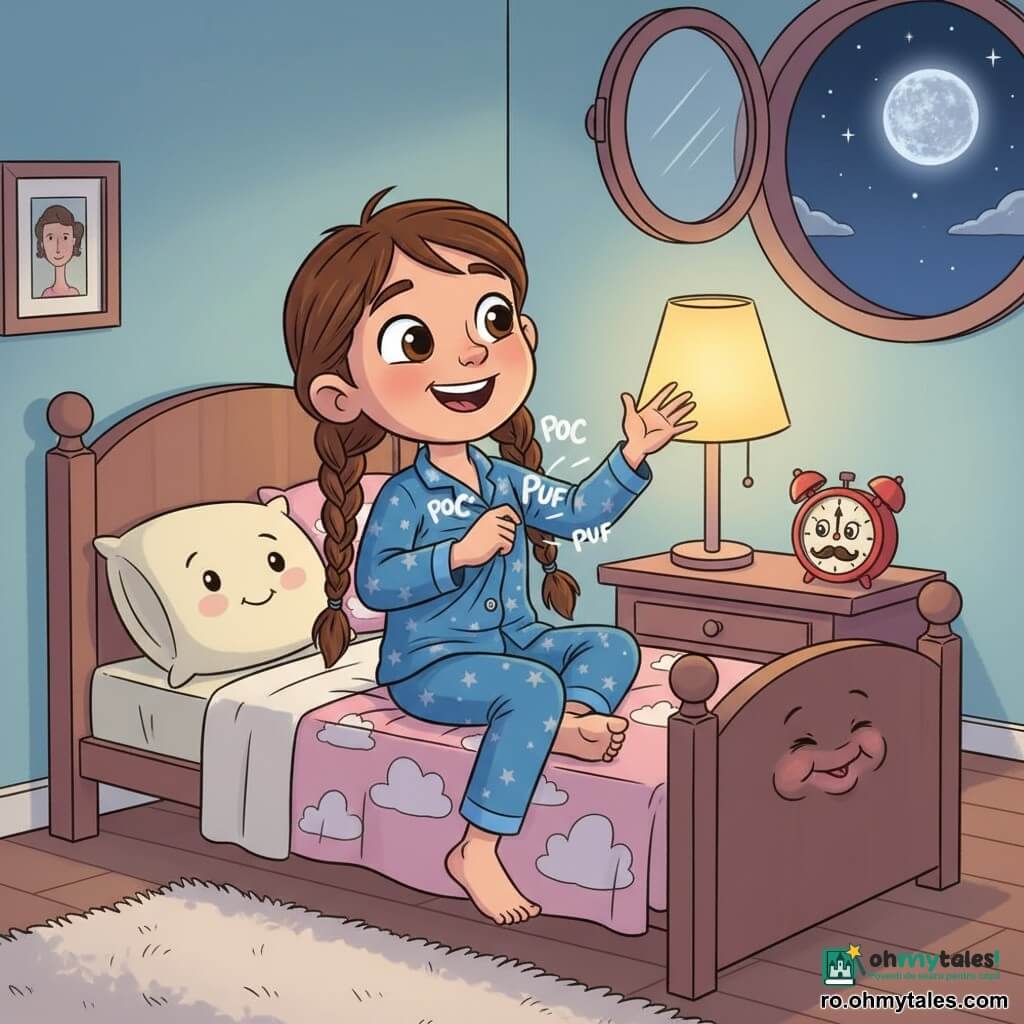 Mara, 8 ani, zâmbitoare și curioasă, păr brun împletit, ochi mari și strălucitori, poartă pijama albastră cu mici stele albe și râde întinzând mâna spre pijamaua animată care scotea bule sonore POC, PUF; perna de pluș crem cu față brodată zâmbește pe pat în stânga, o pătură roz cu nori acoperă parțial picioarele, un ceas retro roșu cu ochi desenati și mustață stă pe noptieră în dreapta și clipeste; camera e cozy seara, cu pereți bleu pal, lampadar galben cald, covor crem și fereastră rotundă deschisă arătând luna argintie și câteva stele; scena: Mara râde pe pat căutând amuzată un buton ascuns ca să oprească glumele și să adoarmă.