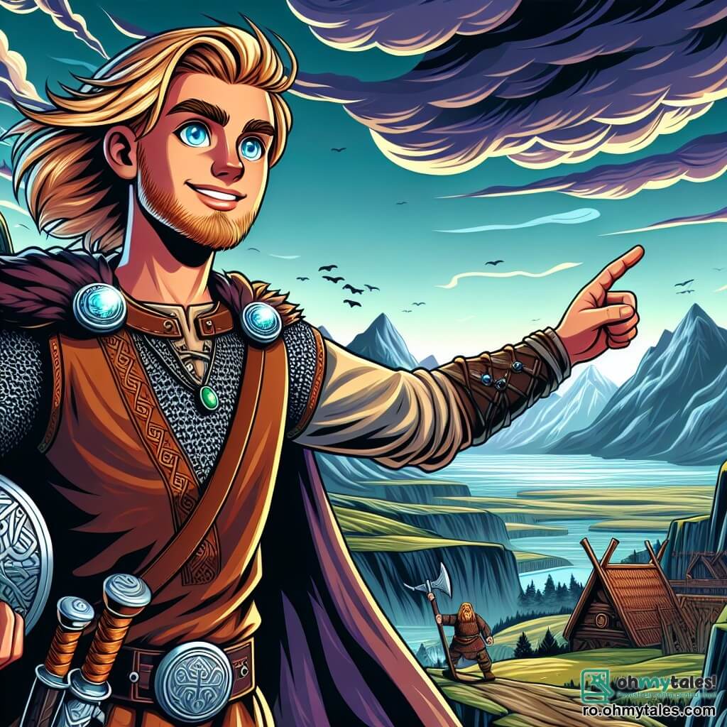 Un tânăr viking pe nume Bjorn, în vârstă de aproximativ 15 ani, stă pe o stâncă abruptă, cu vântul suflându-i prin părul blond și ochii albastri strălucind de excitație și determinare. Poartă o tunică din piele maro, decorată cu motive nordice, și ține o amuletă strălucitoare în mână, privind orizontul cu un zâmbet aventuros. Lângă el, Ragnar Lodbrok, un bărbat robust de aproximativ 40 de ani, cu o barbă lungă roșie și ochi pătrunzători, se află mândru și impunător, îmbrăcat în armură de fier, pregătit să-l ghideze pe Bjorn în această misiune. El arată spre valea de dedesubt, unde se conturează siluete amenințătoare. Peisajul este impresionant: munți măreți se ridică în depărtare, iar un cer furtunos se îmbină cu nori întunecați, creând o atmosferă misterioasă și palpitantă. Jos, un sat viking tradițional, cu case din lemn și acoperișuri din paie, este înconjurat de o pădure densă și verde. Bjorn și Ragnar se pregătesc să înfrunte creaturi fantastice care amenință satul, cu o tensiune palpabilă în aer, în timp ce magia amuletei strălucește intens, anunțând o aventură epică ce va urma.