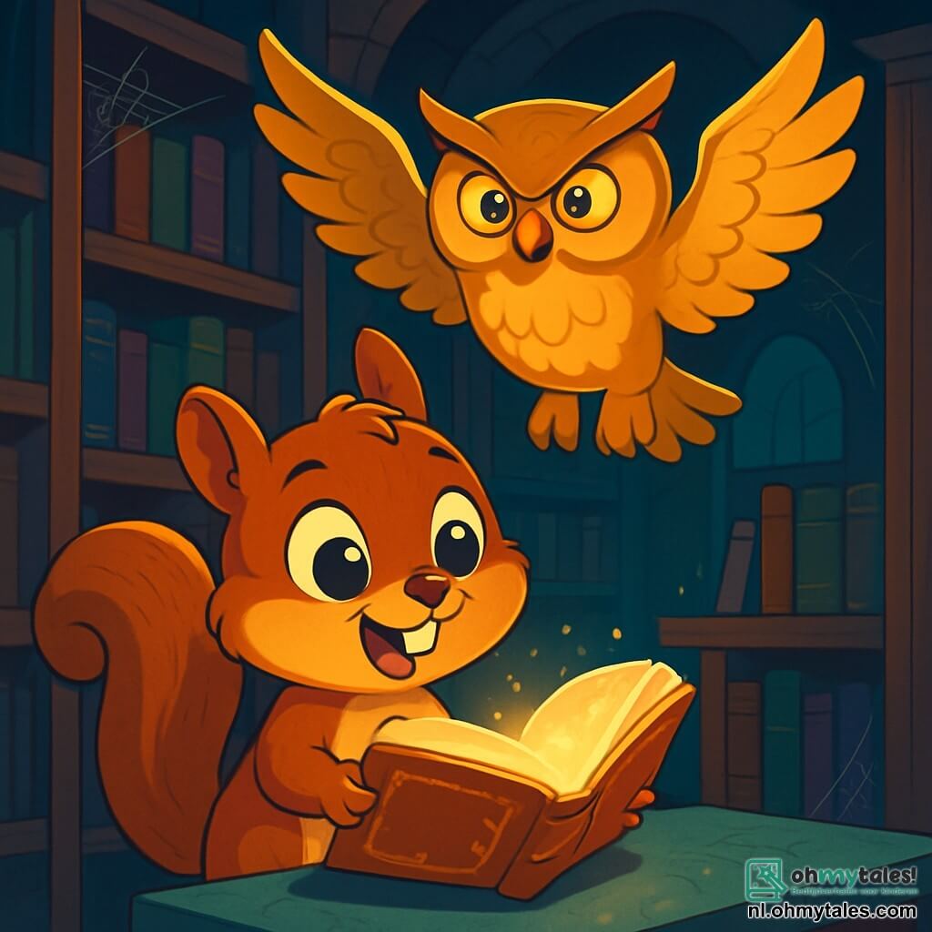 Snuitje, een kleine eekhoorn met glanzende ogen en een zachte, bruine vacht, staat voor een oude, donkere houten bibliotheek met een uitdrukking van nieuwsgierigheid en opwinding op zijn gezicht. Hij houdt een oud boek open vast, zijn kleine pootjes trillen van enthousiasme. Boven hem zweeft een grote uil met gouden veren en doordringende ogen, die Snuitje met een wijze en welwillende blik observeert, zijn vleugels uitgespreid, klaar om advies te geven. De scène speelt zich af in een mysterieuze bibliotheek vol stoffige boeken met kleurrijke omslagen, met gebeeldhouwde houten boekenplanken en dansende schaduwen van het gedempte licht dat door de stoffige ramen filtert. Spinrag versiert de hoeken en voegt een vleugje avontuur toe. Snuitje, geïntrigeerd, ontdekt een glinsterend boek op een gemarmerde tafel, terwijl de uil hem in de gaten houdt, klaar om hem te waarschuwen voor de gevaren die hem wachten in de wereld van angstaanjagende verhalen.