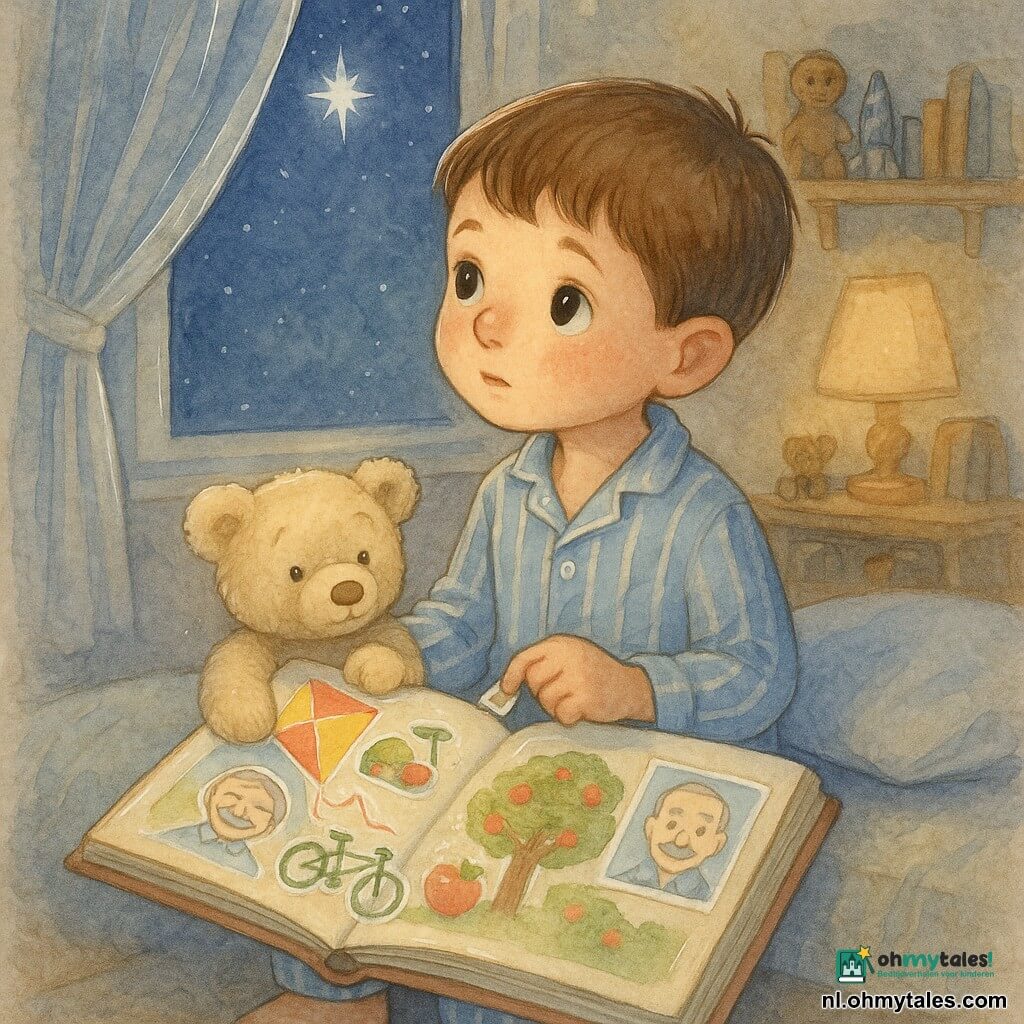 Een jongetje van 6–7 jaar met kort bruin haar en blauw-wit gestreepte pyjama, rond gezicht en vochtige maar rustige ogen, zit op de rand van zijn bed met een groot kleurrijk herinneringenboek op zijn schoot; een crèmekleurige teddybeer met bruin genaaid neusje ligt op zijn knieën met een poot op de pagina. Op de pagina kleurrijke stickers: een rood-geel vlieger, een groene fiets, een appelboom met rode appels en een klein naïef plaatje van een glimlachende opa met grijs haar en snor. De nachtelijke slaapkamer is zacht verlicht: een open raam met licht gordijn dat beweegt, diepindigo sterrenhemel met één heldere ster waar hij naar opkijkt, warme nachtlamp, houten plank met speelgoed en boeken en een zacht vloerkleed. Hoofdscène: hij plakt of bekijkt een sticker terwijl hij lichtjes omhoog kijkt naar de heldere ster, in een kalme, tedere en melancholisch troostende houding.