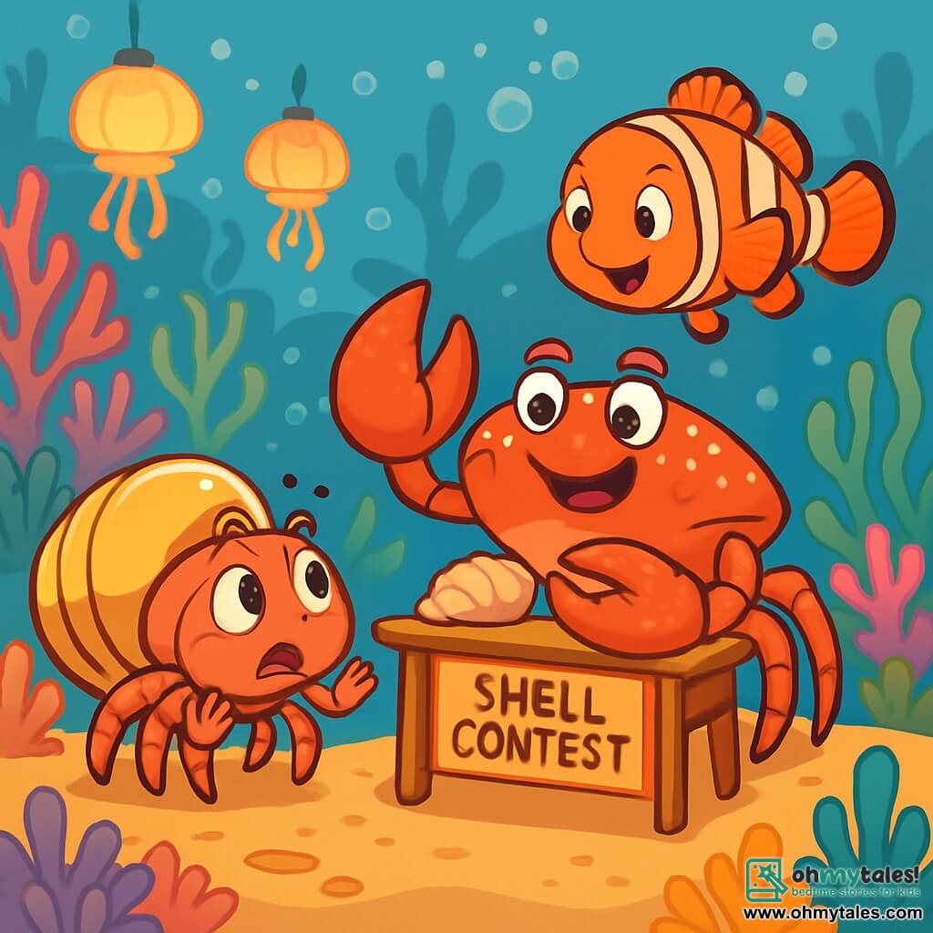 In the center of the image, Shelly, a young hermit crab with a shiny, polished shell, expresses a mix of nervousness and determination. Her small legs are raised, and she looks with sparkling eyes of curiosity, ready to approach her friend. To her right, Finn, a clownfish with bright orange and white stripes, swims joyfully, wearing an encouraging smile. His fins flutter in the clear water, and he seems ready to support Shelly in this delicate moment. In the background, the underwater landscape of Coral Cove is filled with colorful corals, floating bubbles, and jellyfish lanterns that illuminate the scene with a soft, warm light. Seaweed gently sways with the waves, adding a touch of movement to the environment. The main situation shows Shelly timidly approaching Magnus, a large crab with a shell adorned with sparkling pearls, who looks surprised yet curious. The two friends stand near a table decorated with seashells, where a shell contest is taking place, creating an atmosphere of tension and excitement.