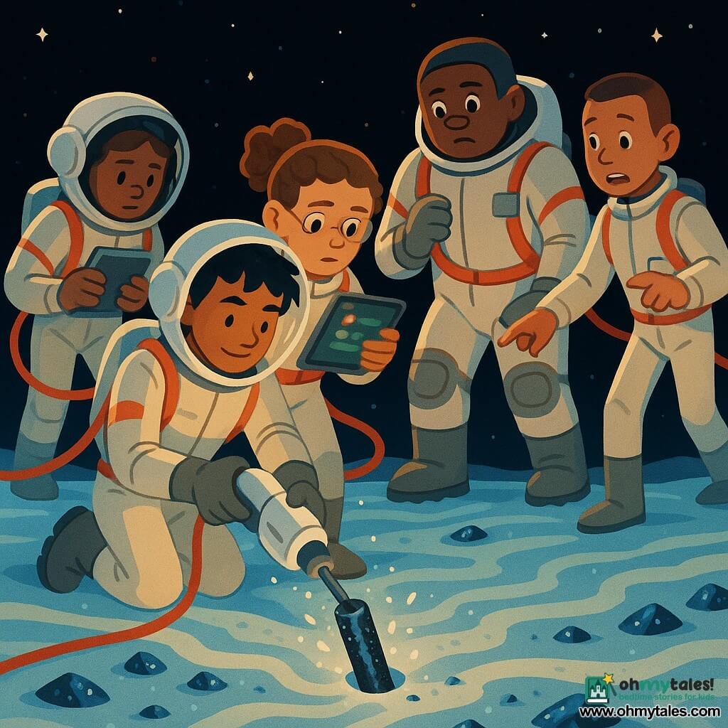 A focused, calm 14-year-old boy, Jalen, kneels on the icy surface with a determined face, short tousled black hair and a raised clear helmet, delicately holding a compact white-and-metal drill with a blue tip; beside him stands 14-year-old Lysa in a light spacesuit, curly hair tied back, tablet and notebook in hand, monitoring red and green readouts; behind Jalen is the sturdy, serious 15-year-old Bram with closed helmet and a hand on a safety strap, ready to stabilize the drill, his spiked boots anchored in the ice; to the side Keon, about 14, points at a thin crack with a surprised but focused expression and a nervous smile. They work on a small icy moon called Thimble — a rippled, blue-black mineral-speckled surface under a starry black sky, the small white Moth ship with circular thrusters in the background, red safety lines stretched between them — extracting an ice core containing a mineral vein, fine dust and flakes suspended in the cold air, a controlled, cooperative tension, cool lighting with warm reflections on their faces, composition centered on the drilling action and the team’s attentive gazes.