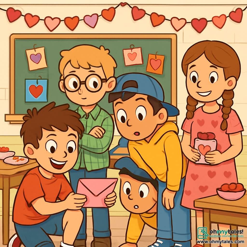 There are 4 children: Max, a 10-year-old boy with messy brown hair, wearing a red t-shirt and blue shorts, crouching and holding a small pink envelope with a big smile on his face. Charlie, also 10, has round glasses and blond hair, dressed in a green plaid shirt and jeans, standing next to Max with crossed arms, looking curious. Theo, a 10-year-old boy with black hair and a backward cap, wearing a yellow sweatshirt, leans forward, wide-eyed, looking at the card just behind Max. Jamie, a 10-year-old girl with braided brown hair, wearing a pink dress with heart patterns, stands slightly back, smiling and holding a heart-shaped candy. The setting is a classroom decorated for Valentine's Day, with red and pink heart garlands on the walls, colorful greeting cards on the boards, and tables covered with heart-shaped cupcakes and candies. The main scene shows the children investigating the mysterious pink envelope Max found, surrounded by festive decorations, creating a joyful and exciting atmosphere, ready to uncover the secret of the Valentine's card.