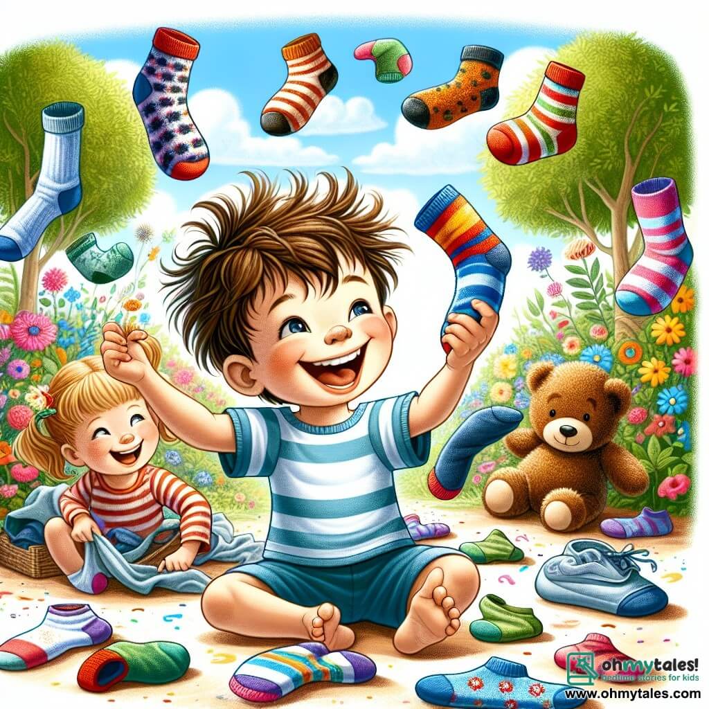 A 2-year-old boy with messy brown hair and a big smile joyfully dances amidst a pile of colorful socks dancing around him. He wears a striped t-shirt and blue shorts, his eyes sparkling with excitement. Next to him, a 2-year-old girl with pigtails and a laughing face holds a sock in each hand, ready to make them dance. A teddy bear, Benny, appears to be about 3 years old, sitting on the floor with arms raised as if wanting to join the fun. The scene takes place in a sunny garden filled with colorful flowers and green trees, with a clear blue sky in the background. The socks dance happily, creating a joyful and playful atmosphere as the children laugh and dance along, adding a touch of magic to this fun moment.