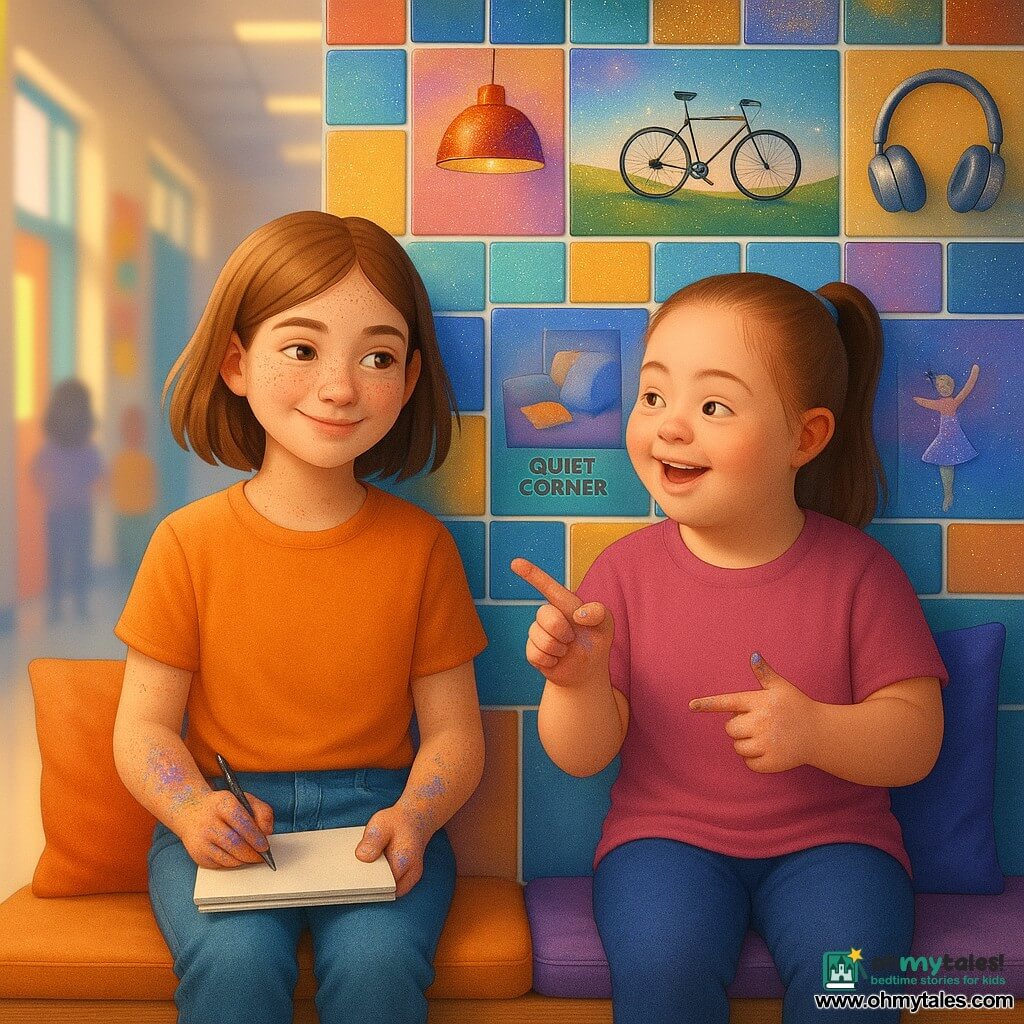 12-year-old Maya, smiling with mid-length brown hair, freckles and paint- and glitter-stained hands, sits on a cushion under a colorful painted-tile mosaic beside Leah, also about 12 with Down syndrome, round face, bright eyes and ponytail, hands covered in glitter as she happily points to a tile of a dancer; they sit slightly angled toward each other on a wide bench with library cushions, in front of a hallway wall mosaic featuring metallic-paper shimmering lamps, a bicycle on a green hill, silver headphones and a small "quiet corner" tile, while a blurred, lively school corridor with colorful lockers and posters and soft natural light forms the background, creating a warm, calm post-unveiling atmosphere focused on their connection and diversity.