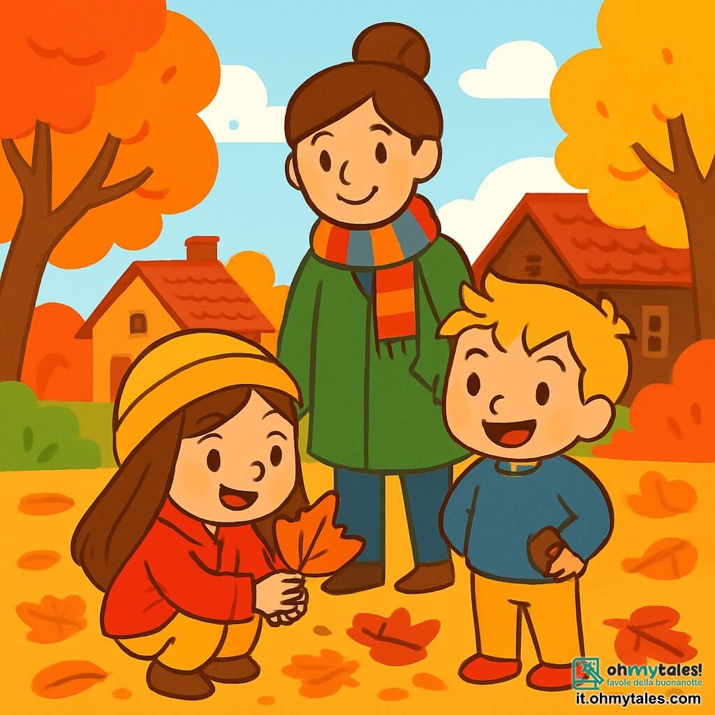 Ci sono 3 personaggi: - Anna: una bambina di 5 anni con lunghi capelli castani e occhi scintillanti. Indossa una giacca rossa e un berretto giallo. È accucciata, tenendo una foglia d'autunno tra le mani. - Luca: un bambino di 4 anni con capelli biondi arruffati e un sorriso splendente. Indossa un maglione blu e pantaloni beige. È in piedi accanto ad Anna, con una castagna nella tasca. - Mamma: una donna di circa trent'anni con capelli castani raccolti in un chignon. Indossa un cappotto verde e una sciarpa colorata. Si trova dietro ai bambini, guardandoli con un sorriso caloroso. Il luogo è un affascinante villaggio autunnale, con alberi dalle foglie di rosso, arancione e giallo. Il terreno è coperto di foglie morte che scricchiolano sotto i passi. Sullo sfondo, si vedono case di legno con tetti di tegole e un cielo blu chiaro punteggiato di nuvole bianche. La situazione principale mostra Anna e Luca intenti a raccogliere foglie colorate e castagne, meravigliati dai colori dell'autunno. Ridono e si divertono, mentre la loro mamma li osserva con tenerezza, creando un'atmosfera gioiosa e calorosa.