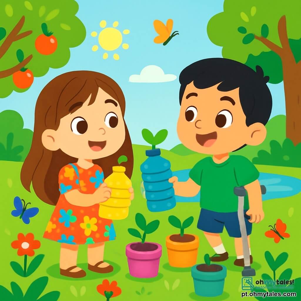 Há 2 personagens principais: Sofia, uma menina de seis anos com longos cabelos castanhos e olhos brilhantes, vestindo um vestido colorido com flores e segurando uma garrafa de plástico pintada de amarelo, sorrindo; e Miguel, um menino de seis anos com cabelos curtos e pretos, usando uma camiseta verde e um short azul, que se desloca com uma muleta e olha para Sofia com entusiasmo, segurando uma garrafa de plástico pintada de azul. O cenário é um jardim vibrante e ensolarado, cheio de flores coloridas, árvores frutíferas carregadas e um pequeno lago cintilante, com borboletas voando e pássaros cantando, criando uma atmosfera alegre. A cena principal mostra Sofia e Miguel reciclando garrafas de plástico para fazer vasos de flores, cercados por vasos coloridos com terra e mudas, enquanto riem e se divertem criando um jardim ecológico juntos.