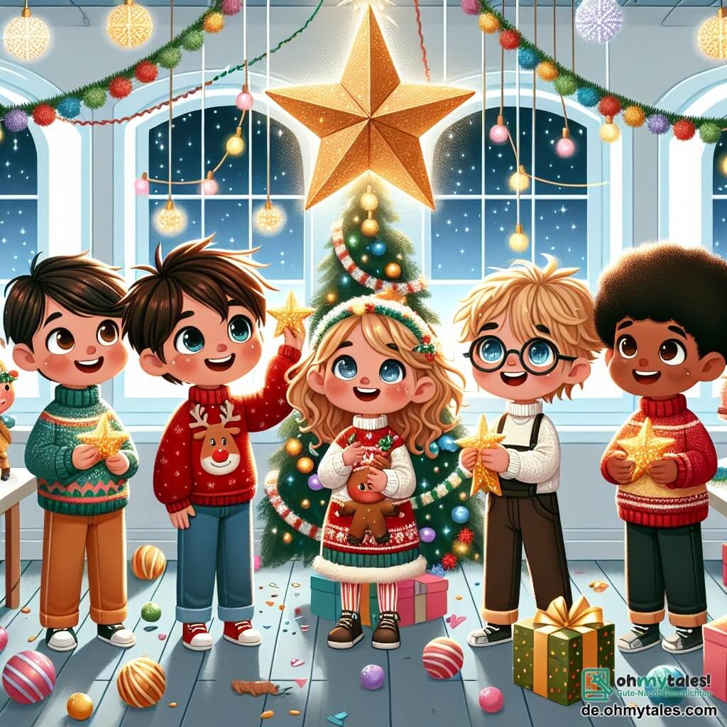 In einem hellen und festlichen Klassenzimmer stehen fünf Kinder zusammen, umgeben von funkelnden Weihnachtsdekorationen. Links lächelt Lukas, ein zehnjähriger Junge mit braunen Haaren und funkelnden Augen, fröhlich, während er einen großen goldenen Stern hält. Neben ihm trägt Mia, ein Mädchen mit lockigem, blondem Haar, einen roten Pullover mit einem Rentier und hält eine bunte Girlande. Etwas weiter dekoriert Ben, ein Junge mit braunen Haaren und runden Brillen, einen Weihnachtsbaum mit glänzenden Kugeln. Schließlich gesellt sich Tim, ein Junge mit schwarzen Haaren und einem schüchternen Lächeln, zu ihnen und hält eine Kiste mit Weihnachtsplätzchen. Das Klassenzimmer ist mit Lichtern, Papier-Schneeflocken, die von der Decke hängen, und einem großen, funkelnden Weihnachtsbaum in der Mitte geschmückt, der mit bunten Dekorationen gefüllt ist. Die Kinder lachen und singen zusammen, teilen Plätzchen und Freude, während Winky, ein kleiner Wichtel mit einer spitzen Mütze und einem lächelnden Gesicht, sie wohlwollend beobachtet, bereit, ihnen zu helfen, die Magie von Weihnachten zu verbreiten.