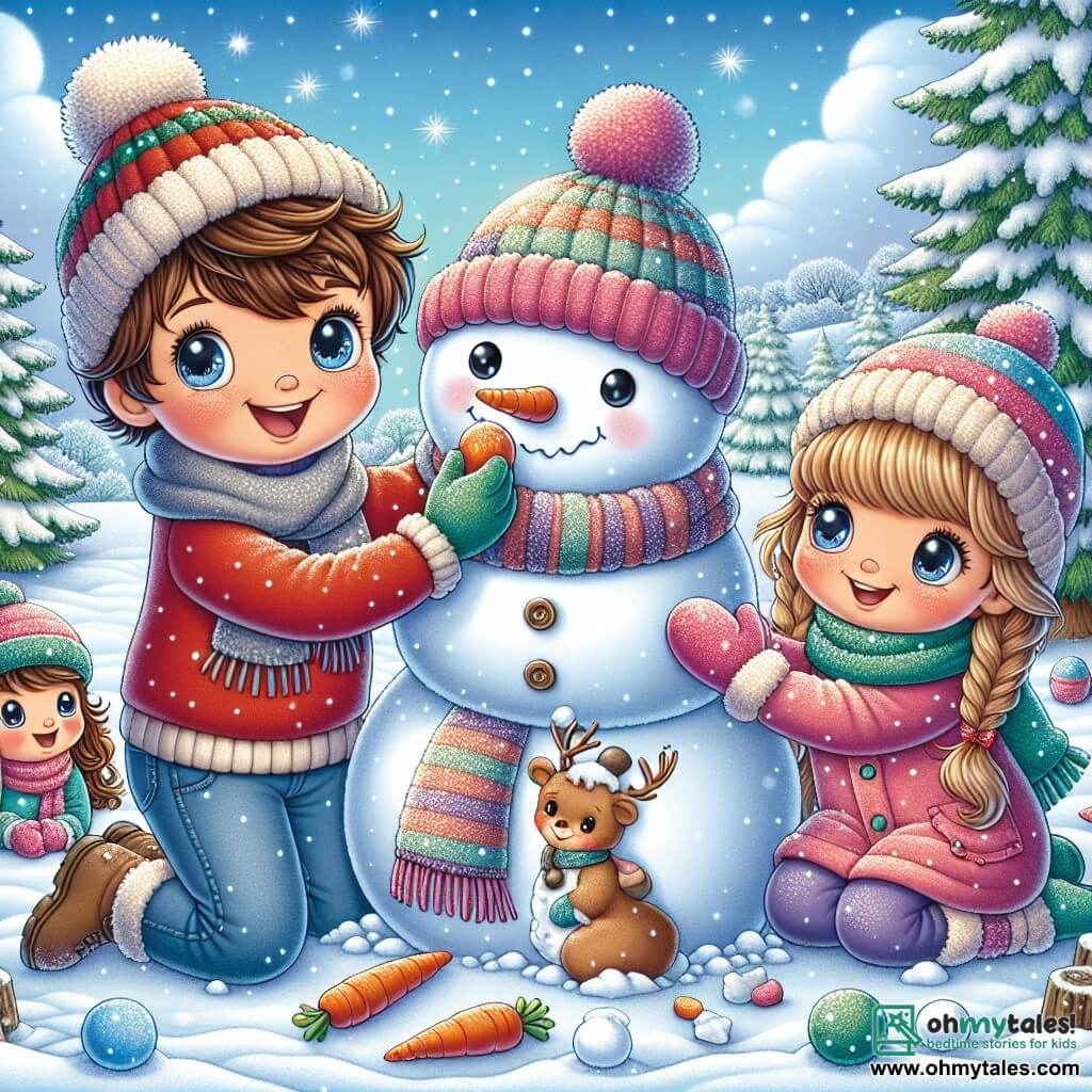 A 9-year-old boy named Oliver, with messy brown hair and rosy cheeks, stands in the center of the scene, a big smile lighting up his face. He wears a bright red sweater and a wool hat, his eyes sparkling with excitement as he shapes a snowman. To his right, his 6-year-old sister Lily, with long braided blonde hair, is picking up snowballs to add to the snowman. She wears a pink scarf and colorful gloves, her eyes shining with joy. To the left, Mia, a 9-year-old girl with brown hair and glasses, is decorating the snowman with a carrot for the nose and pebbles for the eyes, a knowing smile on her face. The setting is an enchanting winter landscape, with trees covered in sparkling snow, a clear blue sky dotted with fluffy white clouds, and snowflakes gently falling around them. The scene captures the magical moment when Oliver, Lily, and Mia build a snowman together, their laughter echoing in the fresh air, embodying the joyful spirit of winter.