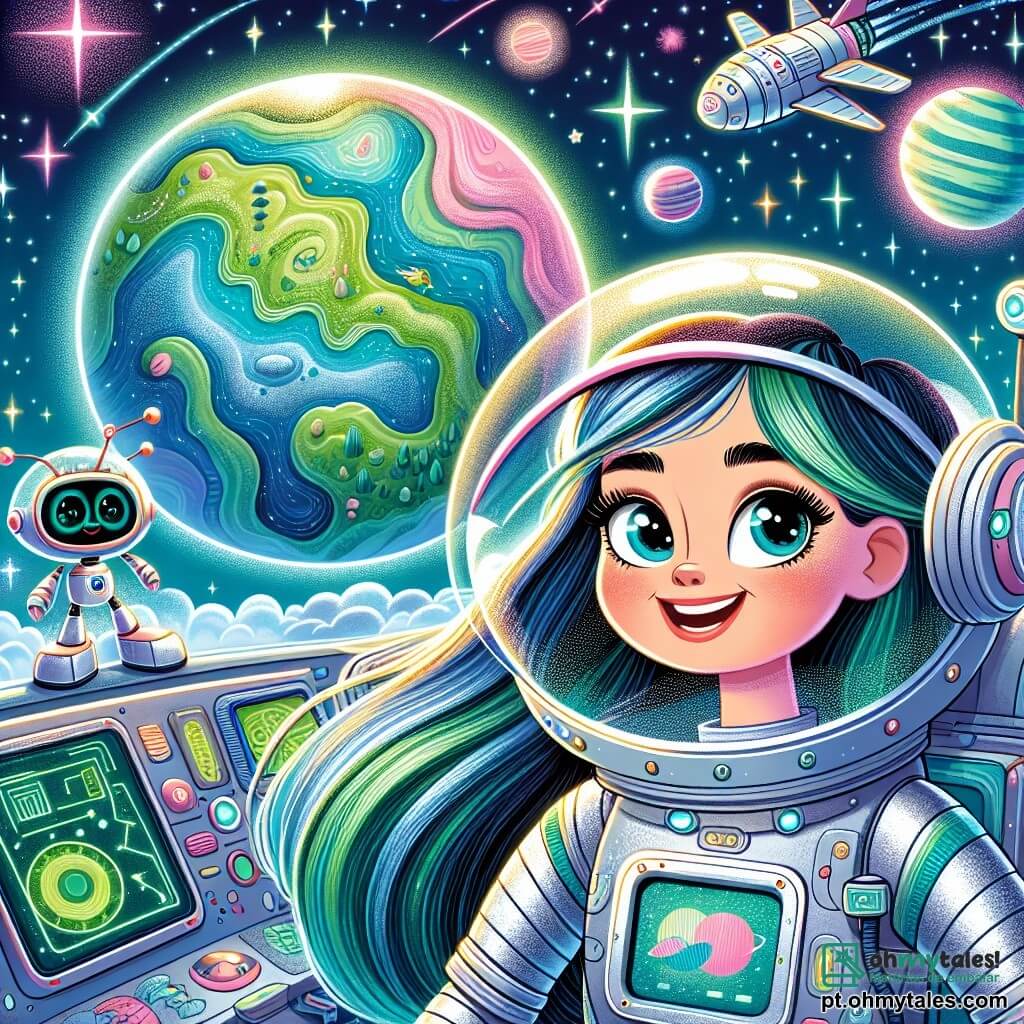 Luna, uma jovem exploradora espacial, tem cabelos longos e brilhantes, vestindo um traje espacial prateado que brilha sob as estrelas. Seu rosto está iluminado por um grande sorriso de empolgação e seus olhos brilham de curiosidade enquanto pilota a nave Aurora. Sparky, um robô engenheiro de braços articulados e cor azul vibrante, verifica os sistemas da nave, concentrado e diligente. Zizi, um pequeno robô redondo com olhos brilhantes, traduz sinais estranhos de um dos planetas, flutuando alegremente ao lado de Luna. A cena se passa no espaço, com a nave Aurora em órbita ao redor de um magnífico planeta colorido, com montanhas verdes, oceanos turquesa e nuvens rosas. Estrelas cintilantes formam um fundo mágico, aumentando a maravilha da exploração. Luna e sua equipe se preparam para pousar neste novo mundo misterioso, ansiosos para descobrir seus segredos e encontrar formas de vida desconhecidas.