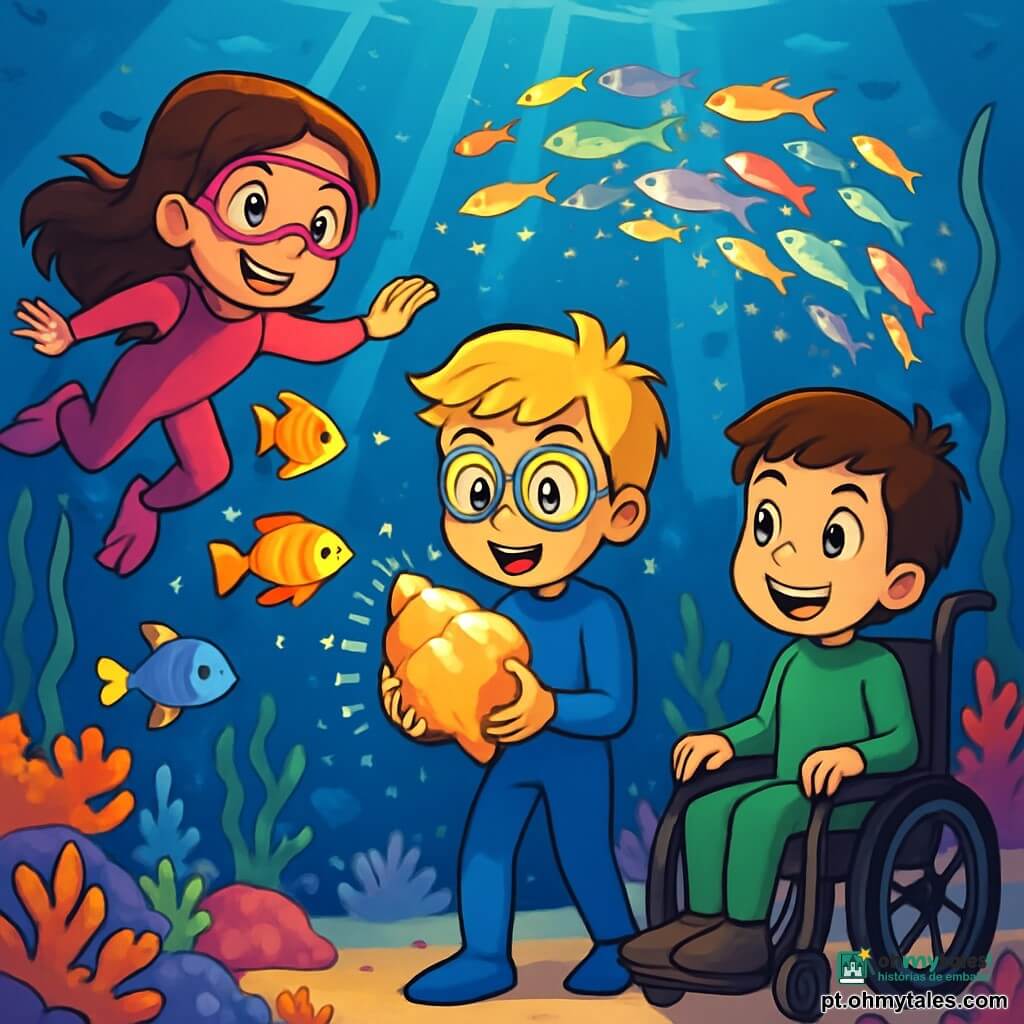 Há 3 personagens: Olívia, uma menina de 9 anos com longos cabelos castanhos e olhos brilhantes, vestindo um traje de mergulho rosa e nadando alegremente cercada por peixes coloridos; Daniel, um garoto de 9 anos com cabelos loiros bagunçados e óculos, segurando uma concha brilhante com admiração, usando um traje de mergulho azul; e Lucas, um garoto de 9 anos sentado em sua cadeira de rodas, com cabelos castanhos e um grande sorriso, vestindo um traje de mergulho verde e admirando a cena subaquática com olhos brilhantes. O cenário é um belo fundo marinho, repleto de corais coloridos, cardumes de peixes cintilantes e raios de luz filtrando pela água, criando uma atmosfera mágica. Os três amigos exploram um fascinante mundo subaquático, maravilhando-se com um grande cardume de peixes luminosos que giram ao seu redor, enquanto uma concha gigante brilha ao fundo, prometendo novas aventuras.