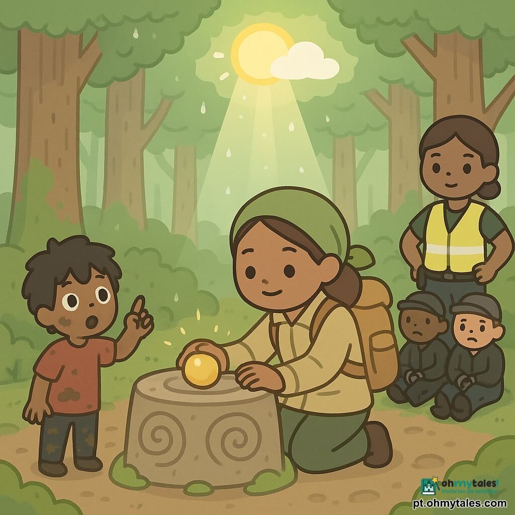 Uma exploradora (Lia), rosto determinado e luminoso, sorriso calmo, cabelos castanhos presos sob um lenço verde, jaqueta cáqui leve e mochila de lona, ajoelhada diante de um altar circular de pedra enquanto encaixa suavemente uma pedra redonda brilhante em uma cavidade, um menino (Nino, ~10 anos) de rosto maravilhado, cabelos pretos desgrenhados e camiseta vermelha suja de lama, em pé à esquerda apontando para cima com olhos arregalados, uma guarda florestal (Joana, ~30 anos) de expressão vigilante porém aliviada, cabelo curto e colete amarelo refletivo, em pé à direita com as mãos na cintura olhando a cena e os dois homens ladrões adultos e lamacentos de boné e jaqueta, algemados e sentados ao fundo com semblantes envergonhados; local: clareira úmida em uma mata-galeria com raízes em tubos, troncos altos cobertos de musgo, um altar de pedra com espirais gravadas, um curso d’água que desaparece sob lajes e tubos de pedra formando uma chaminé para o céu; situação: a pedra acabou de ser recolocada, uma fenda circular nas nuvens se abre deixando um raio de sol dourado atravessar a copa, gotas d’água cintilam no ar, atmosfera de alívio e luz restaurada; paleta: verdes suaves, tons terrosos e cinza pedra, brilho dourado da pedra e do raio, contraste simples, formas arredondadas, traço limpo, sombras mínimas, estética kawaii minimal.