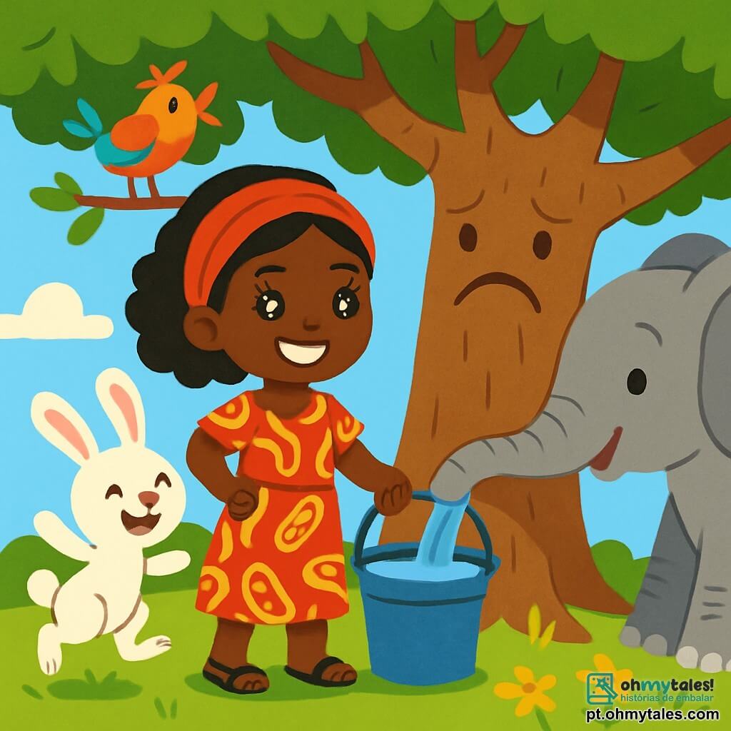 Amina, uma jovem com olhos brilhantes como estrelas e um sorriso radiante, está diante do grande Baobá. Ela usa um vestido colorido de tecido africano, com padrões vibrantes de vermelho e amarelo, e seu rosto expressa determinação e alegria. Ao seu lado, um coelhinho travesso de orelhas grandes, com pelagem branca, salta alegremente, pronto para ajudar. Um pássaro cantor de penas multicoloridas, pousado em um galho, canta alegremente, enquanto um majestoso elefante, com pele cinza e olhos suaves, usa sua tromba para trazer água. A cena acontece sob o grande Baobá, cujos ramos largos e folhosos oferecem uma sombra benéfica. O chão está coberto de grama verde e flores vibrantes, enquanto um céu azul brilhante se estende acima. Amina, com seus amigos, trabalha para encher um balde de água para regar o Baobá, que parece triste. A atmosfera é cheia de vida e camaradagem, enquanto eles trabalham juntos para devolver o sorriso à árvore.
