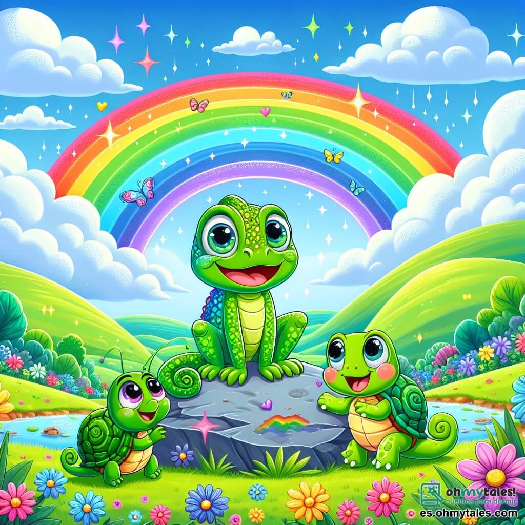 Un pequeño camaleón llamado Colorín, con escamas brillantes y multicolores, está en la cima de la Gran Montaña Verde, con los ojos abiertos de sorpresa y alegría al descubrir un arcoíris brillante que ilumina el cielo. A su lado, una tortuga llamada Lenta, con un caparazón verde y ojos dulces, sonríe orgullosamente, mientras que una pequeña rana llamada Salti, con patas largas y manchas amarillas, salta alegremente a su alrededor. El paisaje es encantador, con colinas verdes, flores coloridas y un cielo azul salpicado de nubes esponjosas, mientras que en el fondo, el arcoíris se extiende majestuosamente, creando una atmósfera mágica. Colorín, maravillado, intenta cambiar de color para armonizarse con el arcoíris, mientras sus amigos lo animan con sonrisas y risas, celebrando juntos este momento de descubrimiento y amistad.