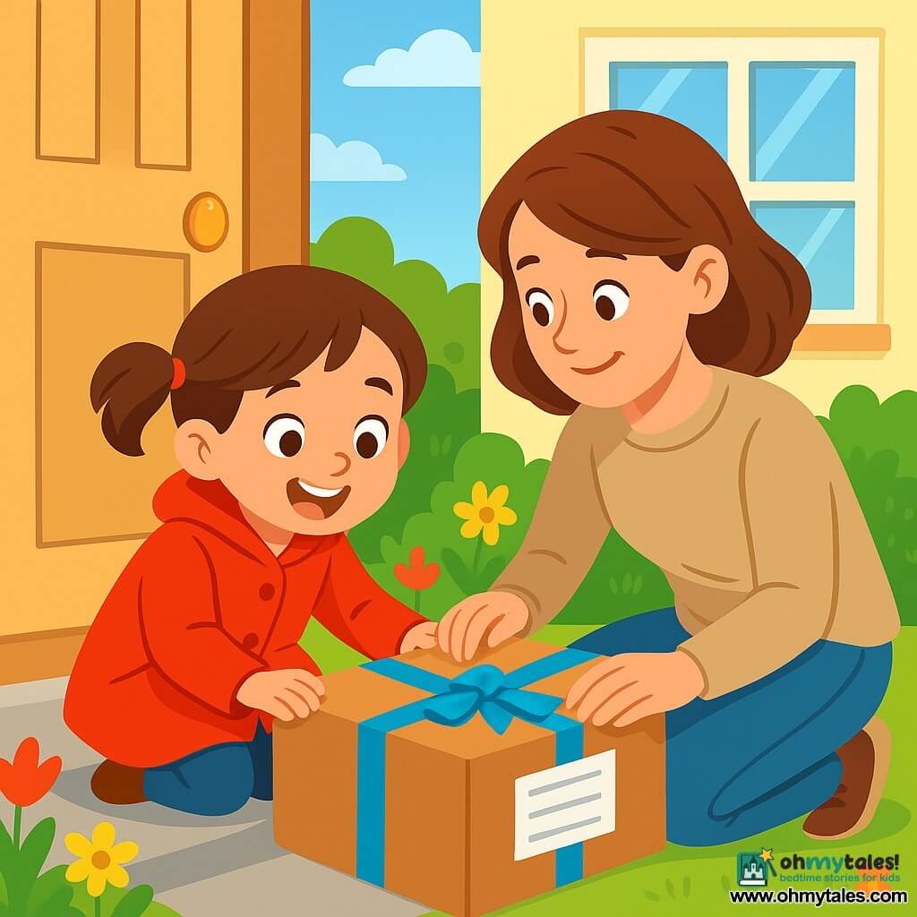 A 4-year-old girl named Lila is wearing a bright red coat and a big curious smile. Her brown hair is tied in two small pigtails. She is crouched at the doorstep, tapping a large brown package adorned with a shiny blue ribbon, her eyes sparkling with excitement. Next to her, her mother, a gentle woman in her 30s with brown hair and a cozy sweater, leans down to read the label on the package with an attentive and warm expression. The setting is a sunny garden with colorful flowers and freshly mowed green grass. The light wooden front door leads to a welcoming home with open windows. The main scene shows Lila, full of enthusiasm, discovering a mysterious package at her doorstep, ready to investigate with her mother by her side, both immersed in the excitement of discovery.