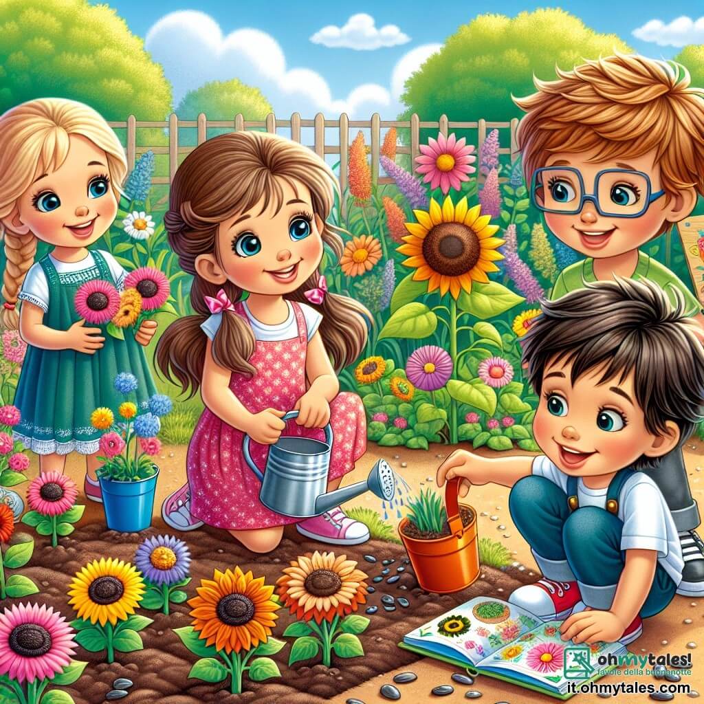 In un giardino scolastico in piena fioritura, quattro bambini sono riuniti per un'attività di giardinaggio. Matteo, un ragazzo di 8 anni con capelli castani e occhi vivaci, è accovacciato con le mani nella terra, mentre pianta semi di girasole. Alla sua destra, Giulia, una ragazza di 7 anni con capelli biondi e trecce, sorride tenendo un piccolo annaffiatoio colorato, pronta ad annaffiare le piante. A sinistra, Luca, un ragazzo di 9 anni con occhiali e capelli castani, osserva attentamente un libro sulle fiori, incuriosito dalle illustrazioni. Infine, Sofia, una ragazza di 8 anni con capelli ricci e un vestito rosa, sta in piedi tenendo un pannello di legno con i nomi dei fiori che pianteranno. Il giardino è vibrante di colori, con fiori di tutte le sfumature, alberi verdi e un cielo blu chiaro punteggiato di nuvole bianche e soffici. I raggi del sole illuminano la scena, creando un'atmosfera gioiosa e primaverile. I bambini si divertono a piantare semi ridendo e chiacchierando, entusiasti di vedere crescere i loro fiori.