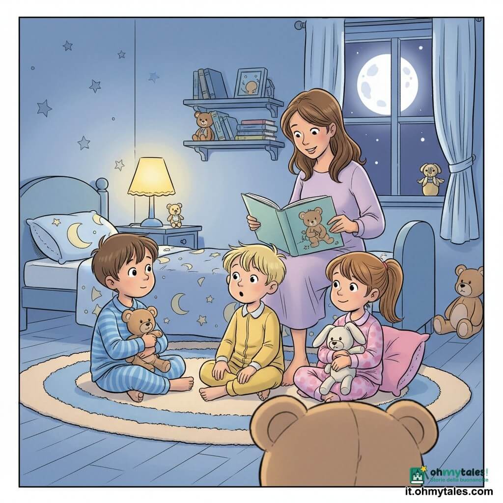 Ci sono quattro persone: Marco, 6 anni, capelli castani corti, pigiama a righe blu e bianco, seduto a sinistra su un tappeto rotondo con un piccolo orsacchiotto beige stretto al petto che guarda la mamma; Luca, 5 anni, capelli biondi spettinati, pigiama giallo, seduto al centro davanti con le gambe piegate e bocca socchiusa meravigliata; Giulia, 6 anni, capelli castani lunghi raccolti in coda, pigiama rosa a cuoricini, seduta a destra contro un cuscino con un coniglietto di stoffa bianco tra le braccia e un sorriso timido; la mamma, circa 30 anni, capelli castani sciolti, vestito lavanda, seduta sul bordo del letto dietro i bambini che tiene un grande libro illustrato aperto indicando una pagina mentre legge; ambientazione: una cameretta calda di notte con pareti azzurro chiaro e stelle dipinte, letto a sinistra con coperta a motivo luna, lampada da comodino gialla accesa, finestra a destra con una grande luna brillante e scaffale con libri e peluche; situazione: i tre bambini ascoltano la mamma che legge una storia su un orsetto, visi illuminati dalla luce calda, atmosfera calma e rassicurante, orsacchiotto in primo piano a richiamare il tema della paura del buio.