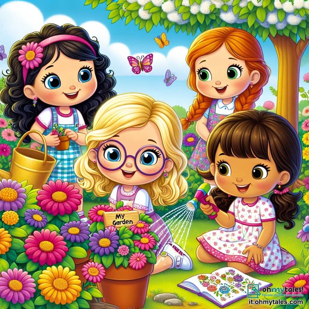 Quattro bambine di sei anni, Clara, Emma, Sofia e Luna, sono riunite in un giardino soleggiato. Clara, con i capelli castani e occhiali rotondi, tiene un annaffiatoio e innaffia un vaso di fiori colorati. Emma, con i capelli biondi e ricci, sorride tenendo un piccolo cartello di legno con scritto "Il mio giardino". Sofia, con i capelli castani e una treccia, osserva con meraviglia un germoglio che inizia a sbocciare. Infine, Luna, con i capelli neri e lisci, è accovacciata mentre disegna fiori su un quaderno con colori. Il giardino è pieno di fiori vivaci: rosa, gialli e viola, mentre farfalle danzano intorno a loro. Sullo sfondo, un grande albero con rami fioriti offre ombra, e il cielo è blu brillante, punteggiato di nuvole bianche e soffici. Le quattro amiche lavorano insieme per far crescere il loro giardino, ridendo e incoraggiandosi a vicenda, illustrando la magia e la gioia della primavera che le circonda.