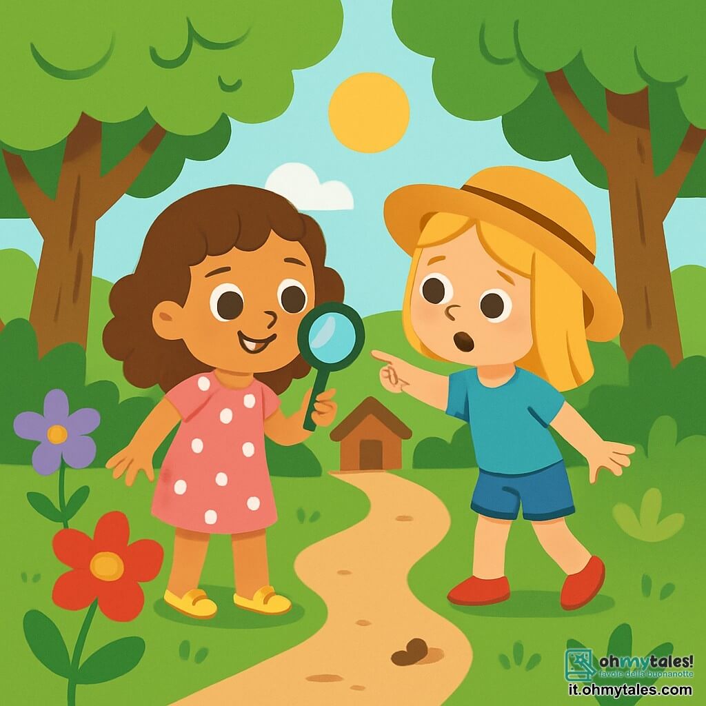 Ci sono 2 personaggi principali: Sofia, una ragazza di 7 anni con capelli castani e ricci, che indossa un vestito rosa a pois bianchi e sandali gialli, è sorridente e tiene una piccola lente d'ingrandimento nella mano destra; e Anna, una ragazza di 7 anni con capelli biondi e lisci, che indossa una maglietta blu e un pantaloncino di jeans, con un cappello di paglia in testa, che guarda attentamente intorno a sé. Le due amiche si trovano su un sentiero nascosto in un parco verde, circondate da fiori colorati dai petali rossi, gialli e viola. Alberi maestosi con foglie verdi formano un tetto naturale sopra di loro, mentre un dolce raggio di sole illumina la scena. Sofia e Anna sono impegnate in un'indagine, scrutando il terreno alla ricerca di una piccola scarpa persa; Sofia esamina un fiore con la lente, mentre Anna indica un piccolo sentiero che sembra portare a una misteriosa capanna in lontananza.