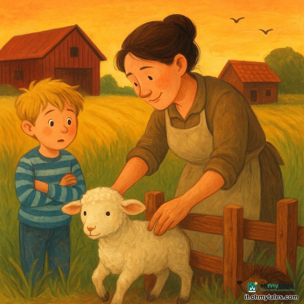Marta, agricoltrice sorridente e premurosa con capelli castani raccolti, abiti di tela consumata e grembiule beige, si china per liberare delicatamente la zampa di una agnellina bianca un po' sporca incastrata tra delle assi di legno, viso concentrato e mani impolverate; a sinistra Luca, bambino di circa 8 anni coi capelli biondi spettinati, jeans e maglione a righe, osserva stupito con le braccia incrociate; un piccolo riccio bruno tra l'erba alta guarda dalla destra; sullo sfondo al crepuscolo fattoria con grande fienile rosso, pollaio, cumulo di fieno e campi di grano dorati sotto un cielo arancione con alcuni uccelli in volo; scena principale: salvataggio intimo e caloroso, Marta cura e libera l'agnellina mentre Luca impara, atmosfera dolce, colori caldi, texture di gouache, pennellate ampie e forme semplici adatte ai bambini.