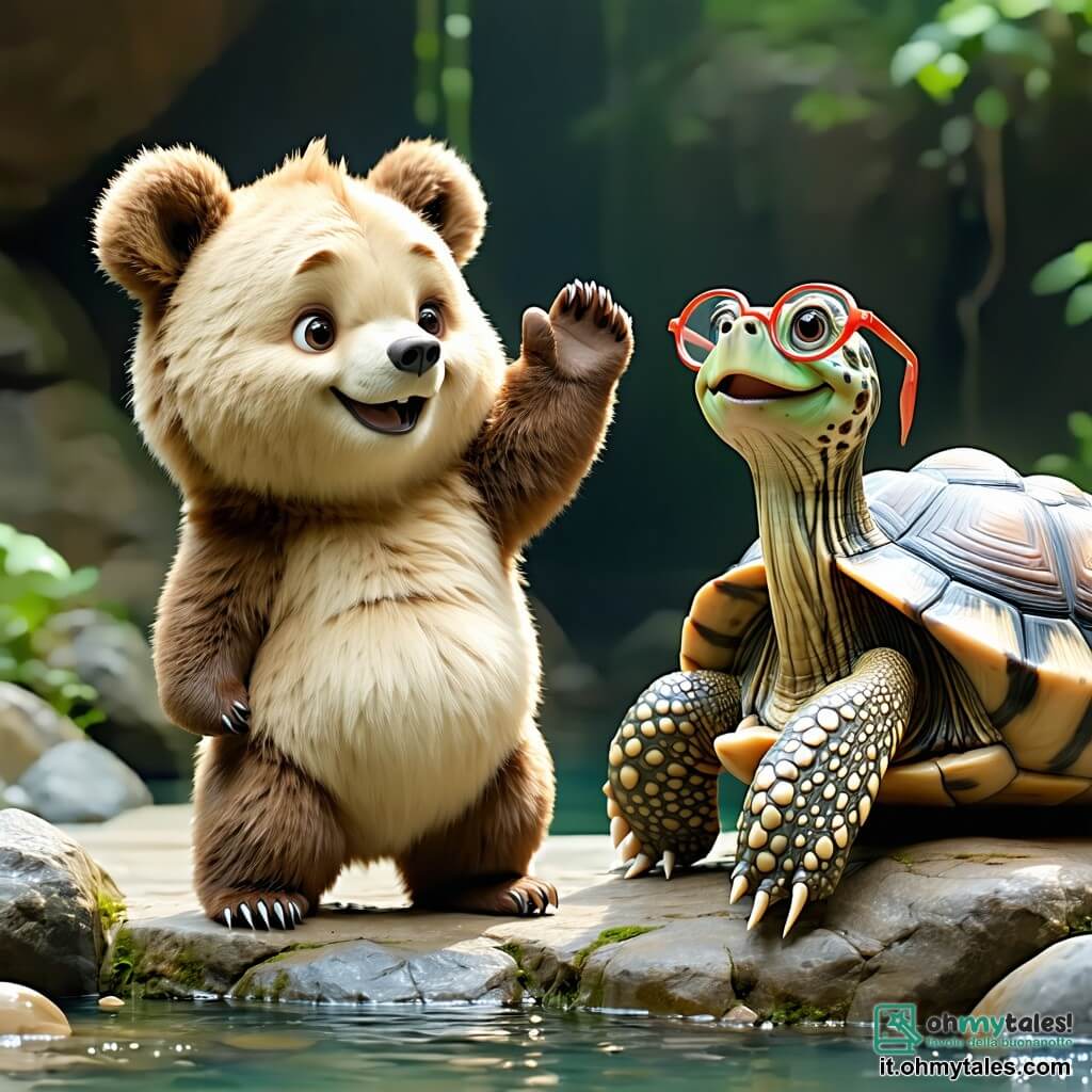 Un orso tenero e gioioso di nome Bruno, con un morbido pelliccia marrone e occhi scintillanti di curiosità, si trova al centro della scena, sorridendo e sollevando una zampa come per salutare i suoi amici. Accanto a lui, una vecchia tartaruga saggia di nome Tula, con un guscio decorato da motivi colorati e occhiali tondi sul naso, guarda Bruno con un sorriso benevolo, seduta su una pietra mentre gli racconta una storia. Lo sfondo è un magnifico bosco incantato, pieno di alberi maestosi con foglie verdi brillanti, fiori multicolori che danzano al vento e un dolce raggio di sole che filtra attraverso i rami, illuminando la scena con una luce dorata. La situazione principale mostra Bruno che ascolta attentamente Tula, assorbito dalle sue parole, mentre uccelli colorati volano attorno a loro, aggiungendo un tocco di magia a questo momento di condivisione e saggezza.