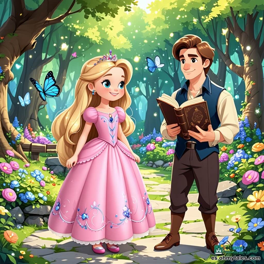 La princesa Clara, una joven de largos cabellos dorados y ojos llenos de curiosidad, se encuentra en un jardín encantador, su rostro radiante de emoción y asombro. Lleva un vestido de satén rosa, adornado con flores bordadas, y sostiene una mariposa azul delicada sobre su hombro. Cerca de ella, un joven príncipe de unos 12 años, con cabello castaño despeinado y una sonrisa cálida, observa a Clara con admiración, sosteniendo un libro antiguo en sus manos. El jardín es un lugar mágico, lleno de flores brillantes de colores vivos, grandes árboles con hojas brillantes y un camino de piedras que serpentea entre arbustos fragantes. La escena principal muestra a Clara descubriendo un mensaje secreto en una hoja de trébol, mientras el príncipe se acerca, intrigado por el misterio que los rodea.