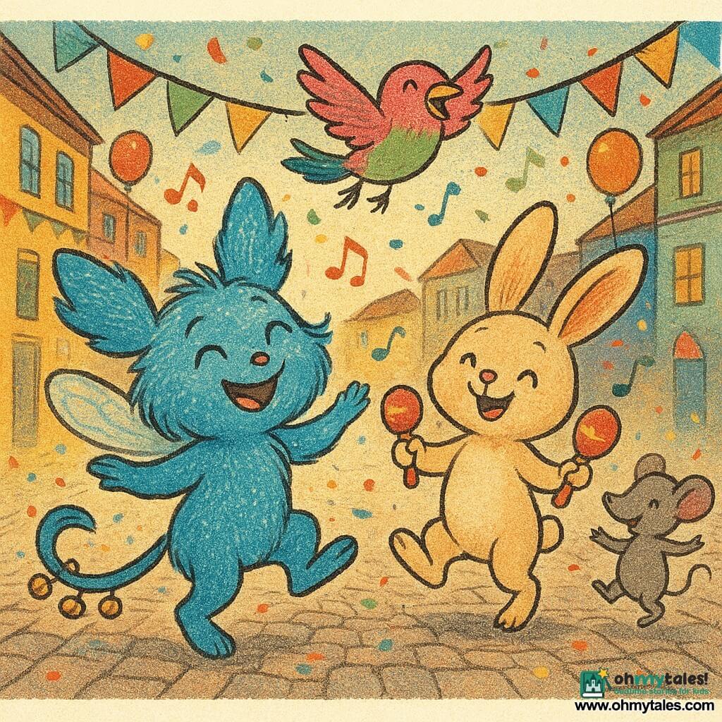 A small winged moon-girl with shiny blue fur and tiny translucent wings smiles broadly and samba-dances while bells at the tip of her tail jingle; Milo, a round cream rabbit, shakes red maracas beside her; Pippa, a pink-and-green bird, hovers above laughing and showing the dance steps; Max, a little gray mouse, spins excitedly with his tail curled; they parade down a wide cobblestone carnival street lined with brightly painted houses, colorful bunting, floating banners, balloons and confetti at dusk, music shown as colorful notes, warm light and a joyful, friendly atmosphere.